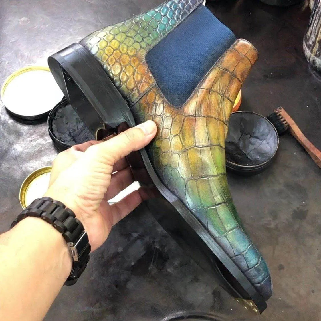 Black croc Chelsea patina boots 007 Croc Chelsea Patina Boots II back view