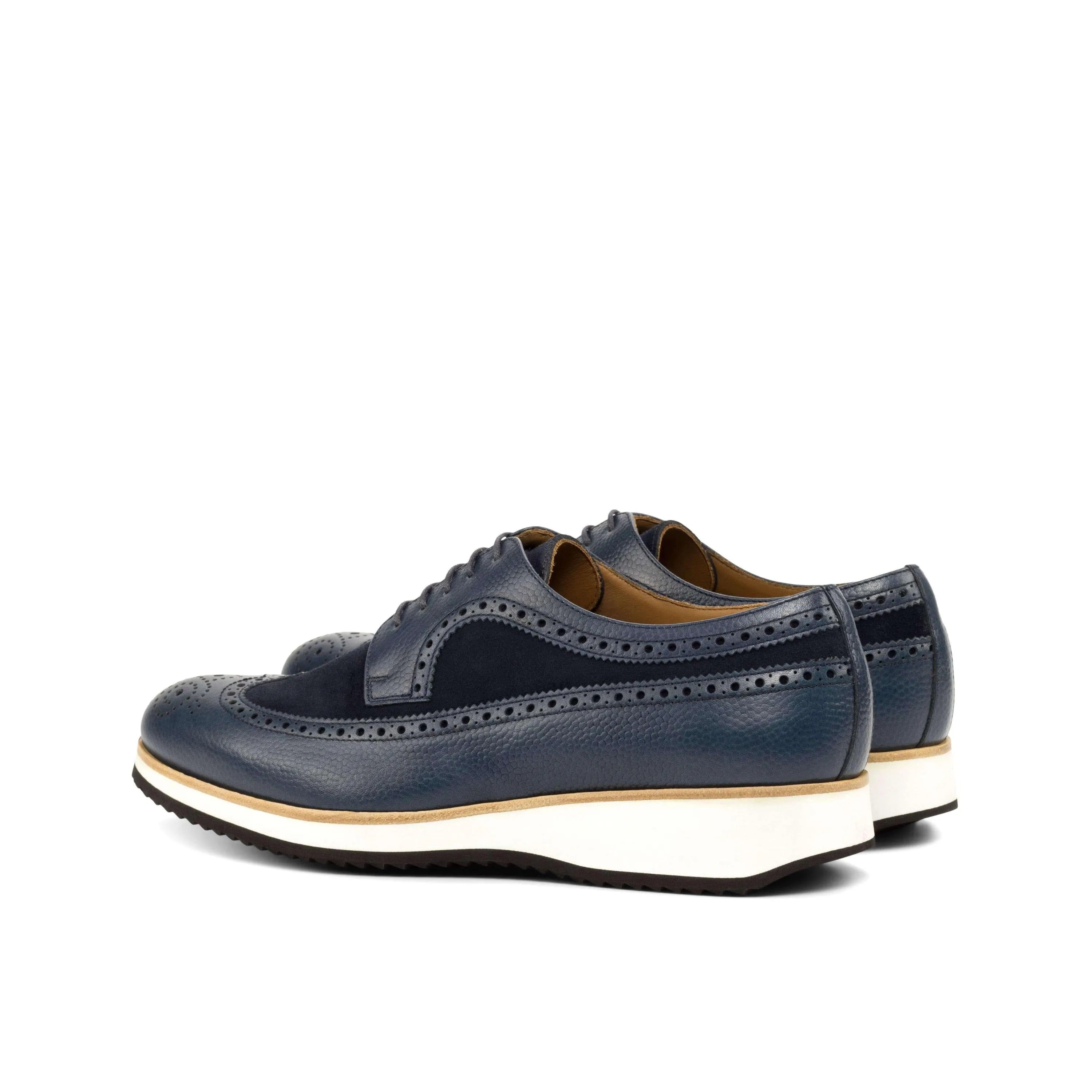 Blue leather and suede longwing blucher shoes, 300 Longwing Blucher back view