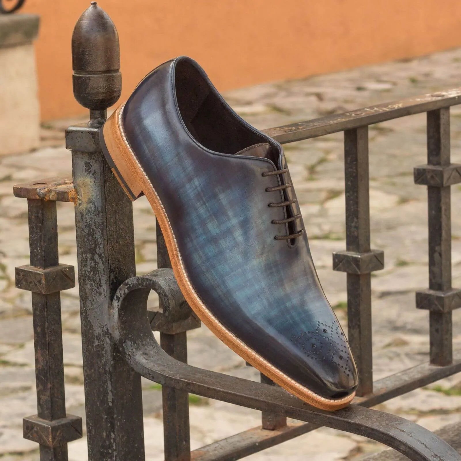 Afif wholecut patina blue leather dress shoe with crust patina