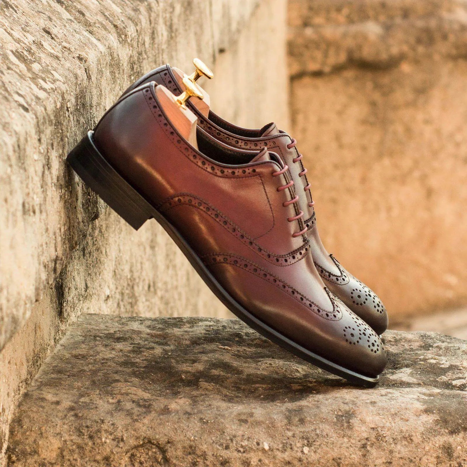 Burgundy leather brogue shoes with rounded toe, Ahote Full Brogue II