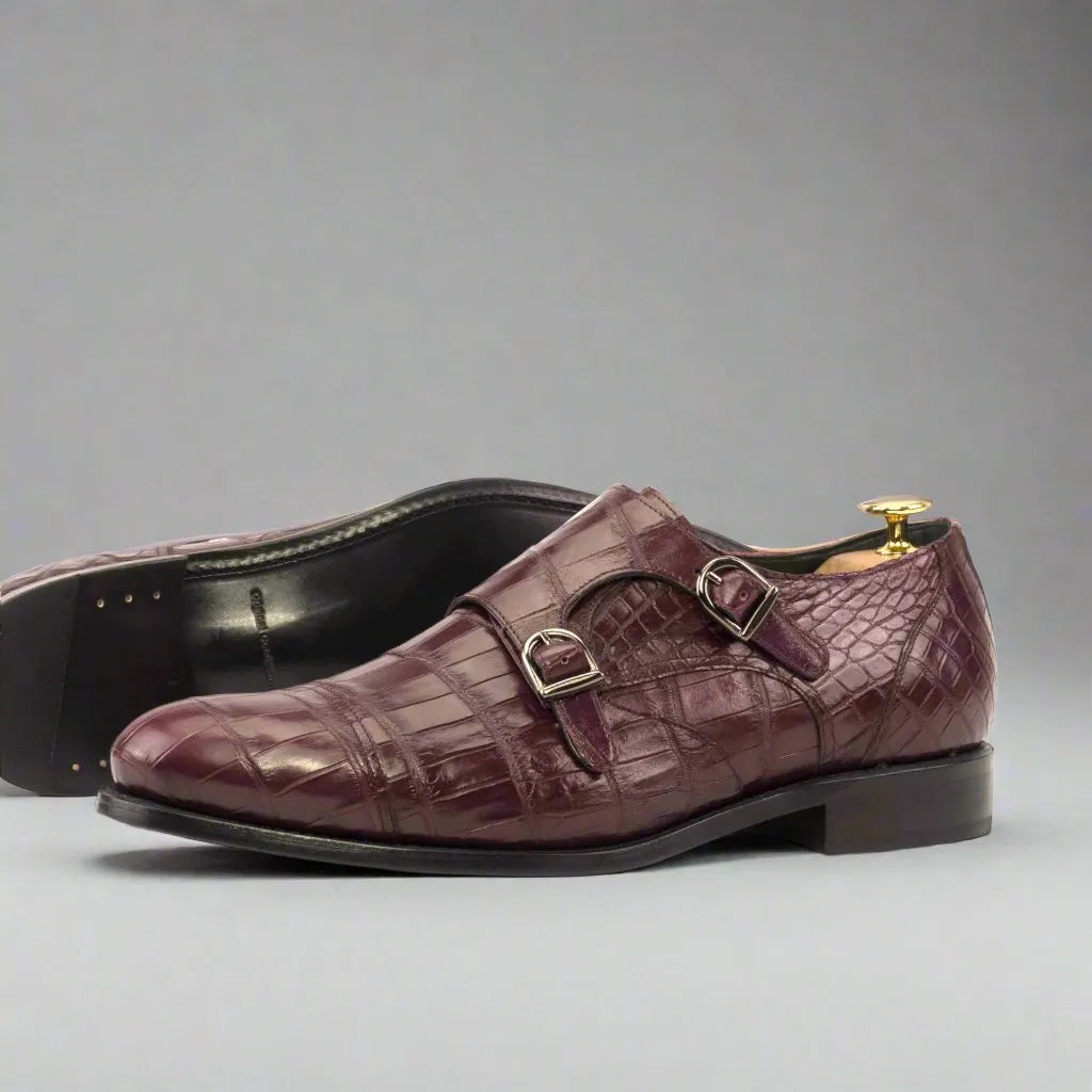 Amiri Alligator Double Monk burgundy crocodile shoes back view