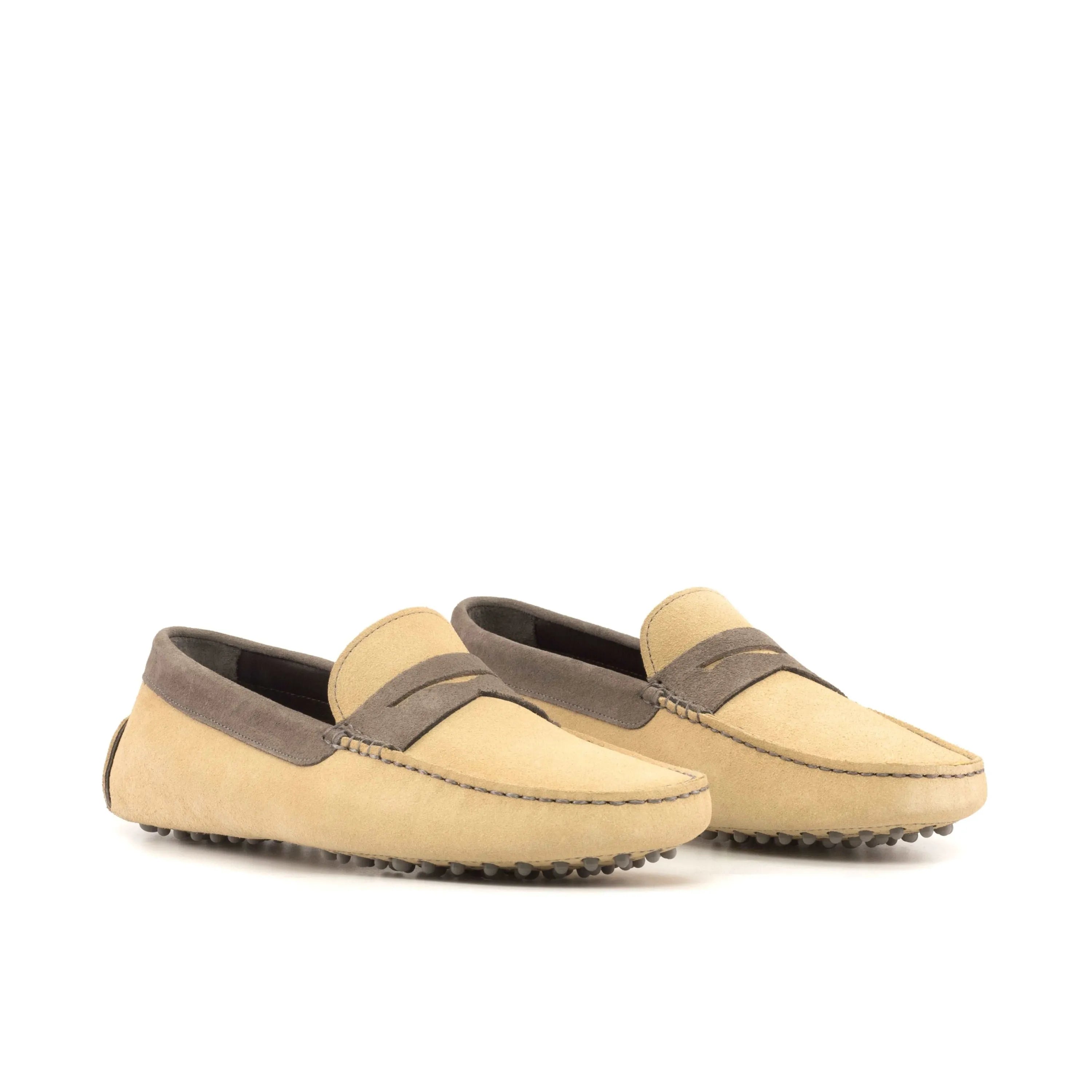 Anthony Driver beige leather penny loafers, luxury hand-painted patina shoes