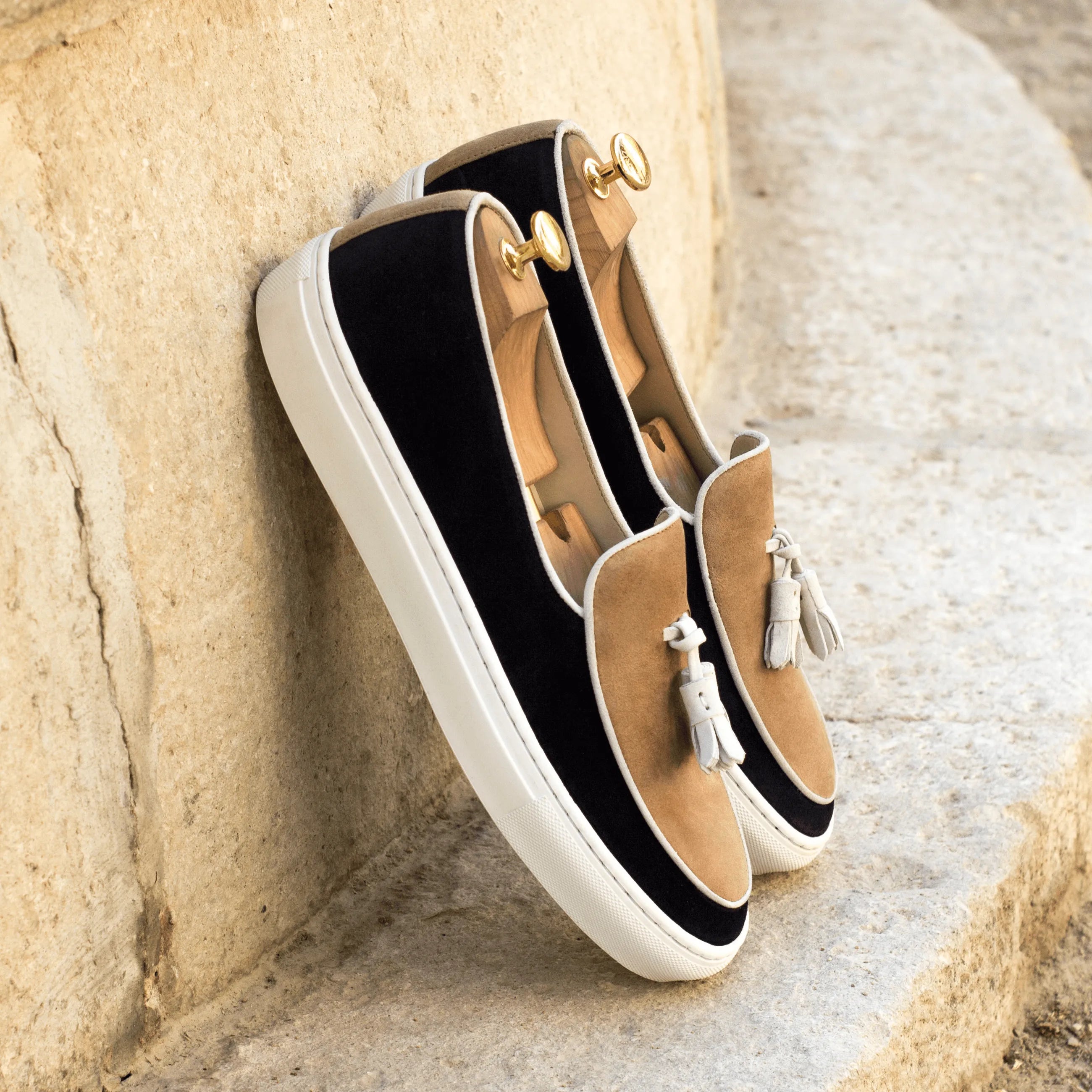 Antigo Belgian Sneaker II two-tone tassel kid suede Belgian loafer with shoe trees