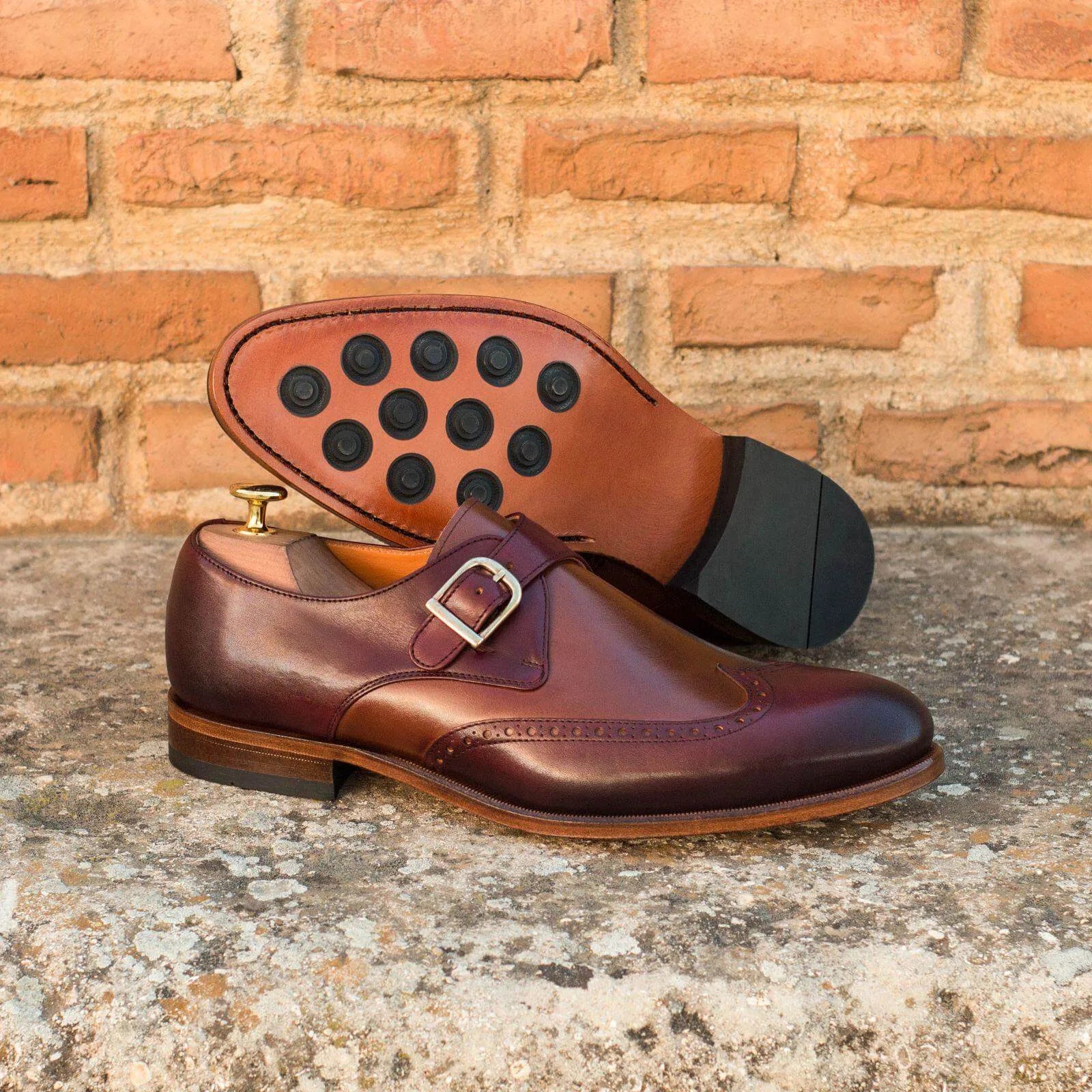 Aranck Single Monk Shoes II burgundy leather rounded toe back view