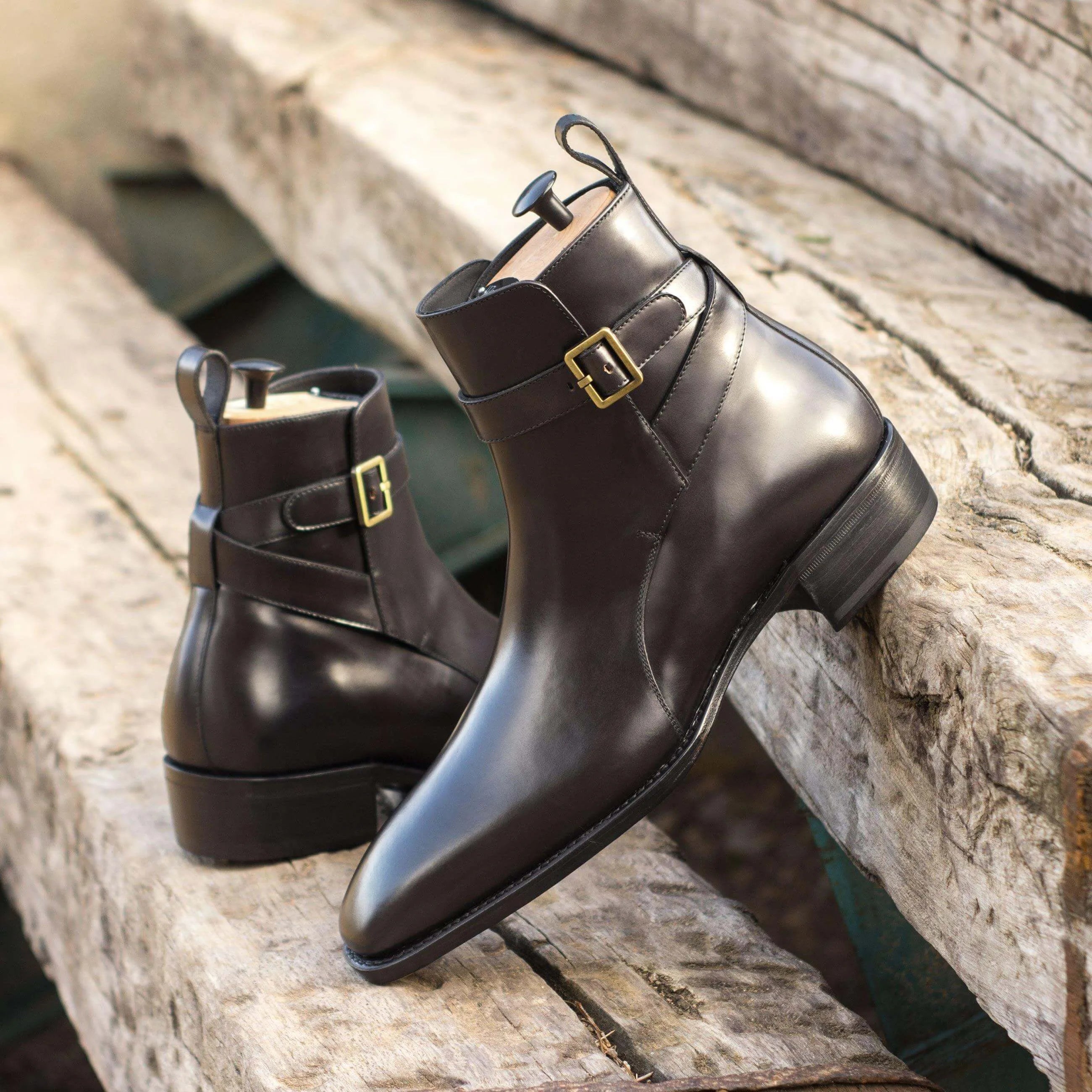 Beckam Jodhpur boots: brown leather ankle boots with gold buckles