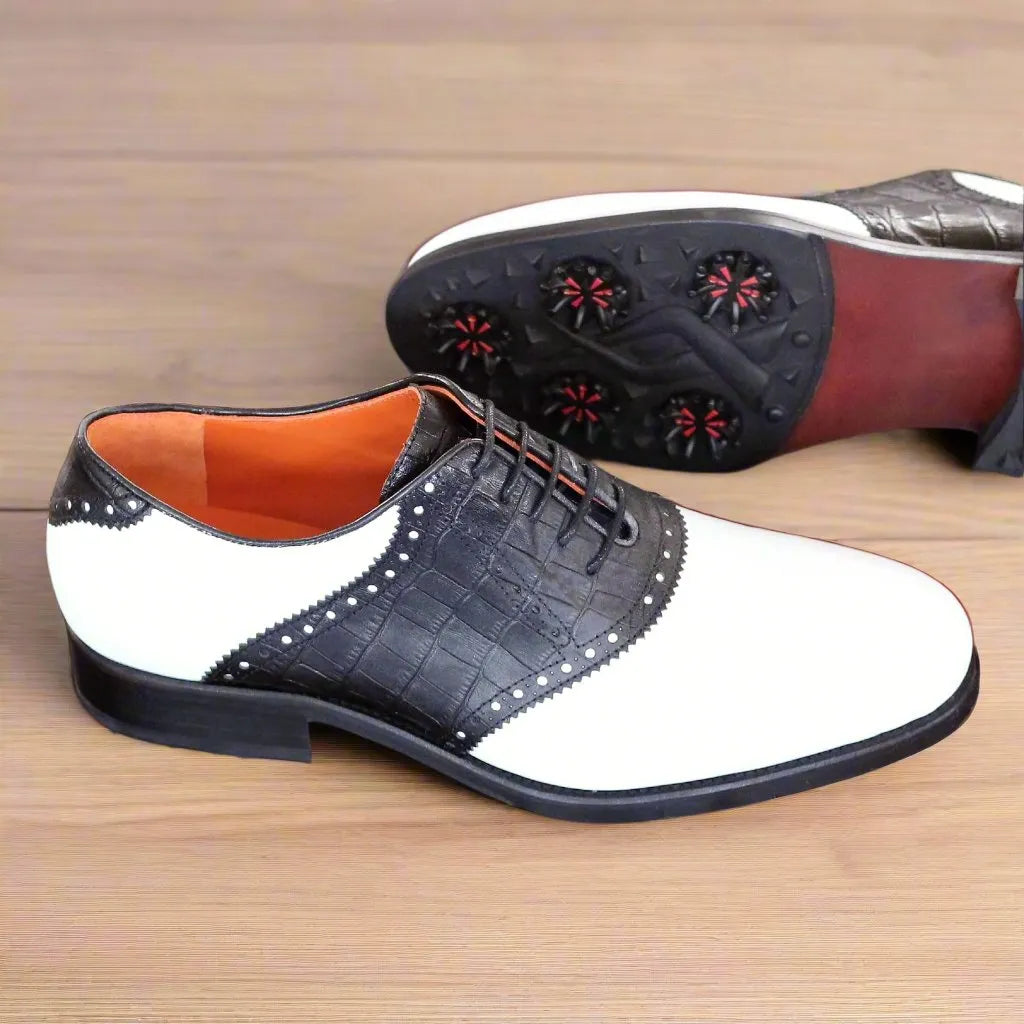 Black and white Damaz Saddle Golf Shoes II back view