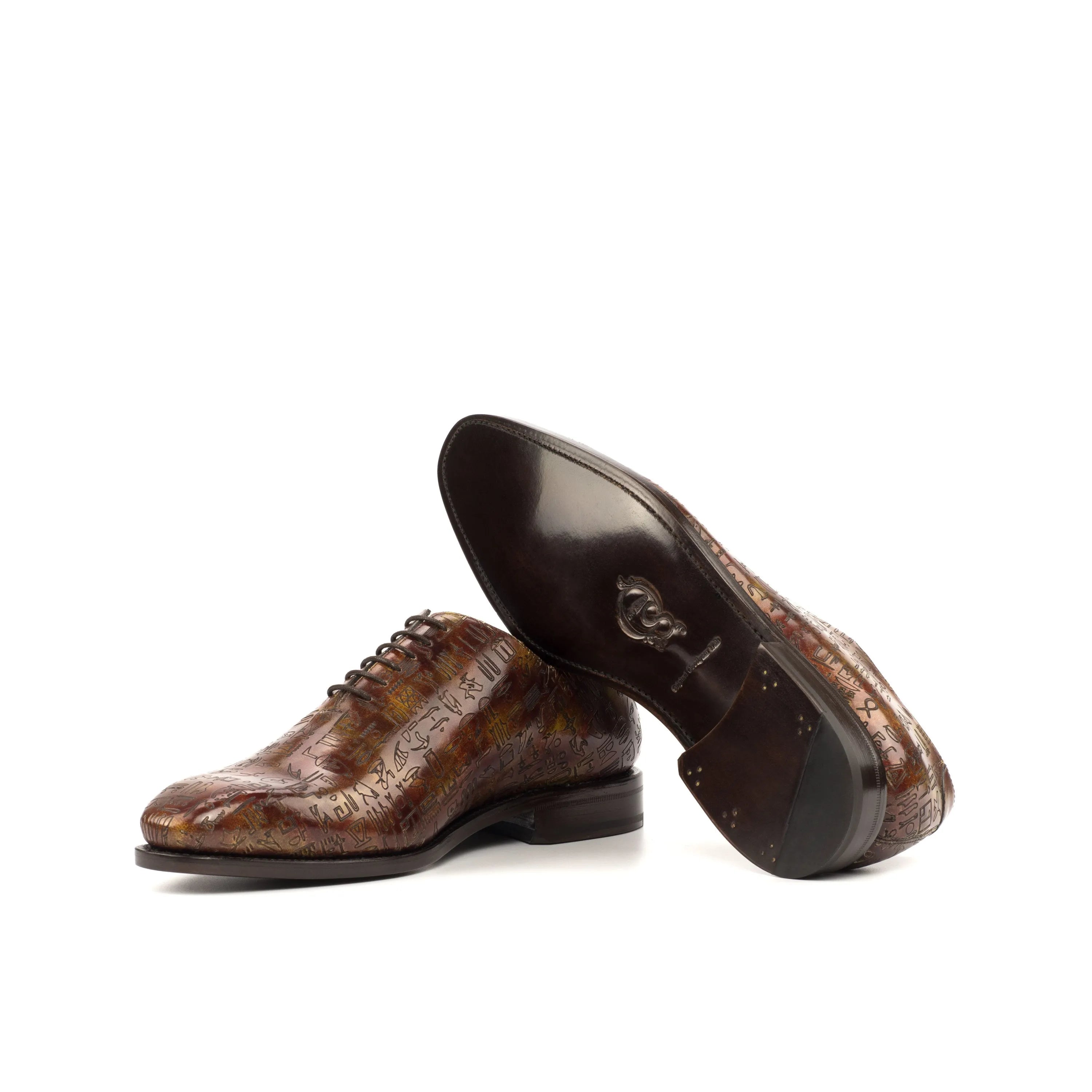 Egyptian patina wholecut brown patterned Italian crust leather soft chisel toe shoes