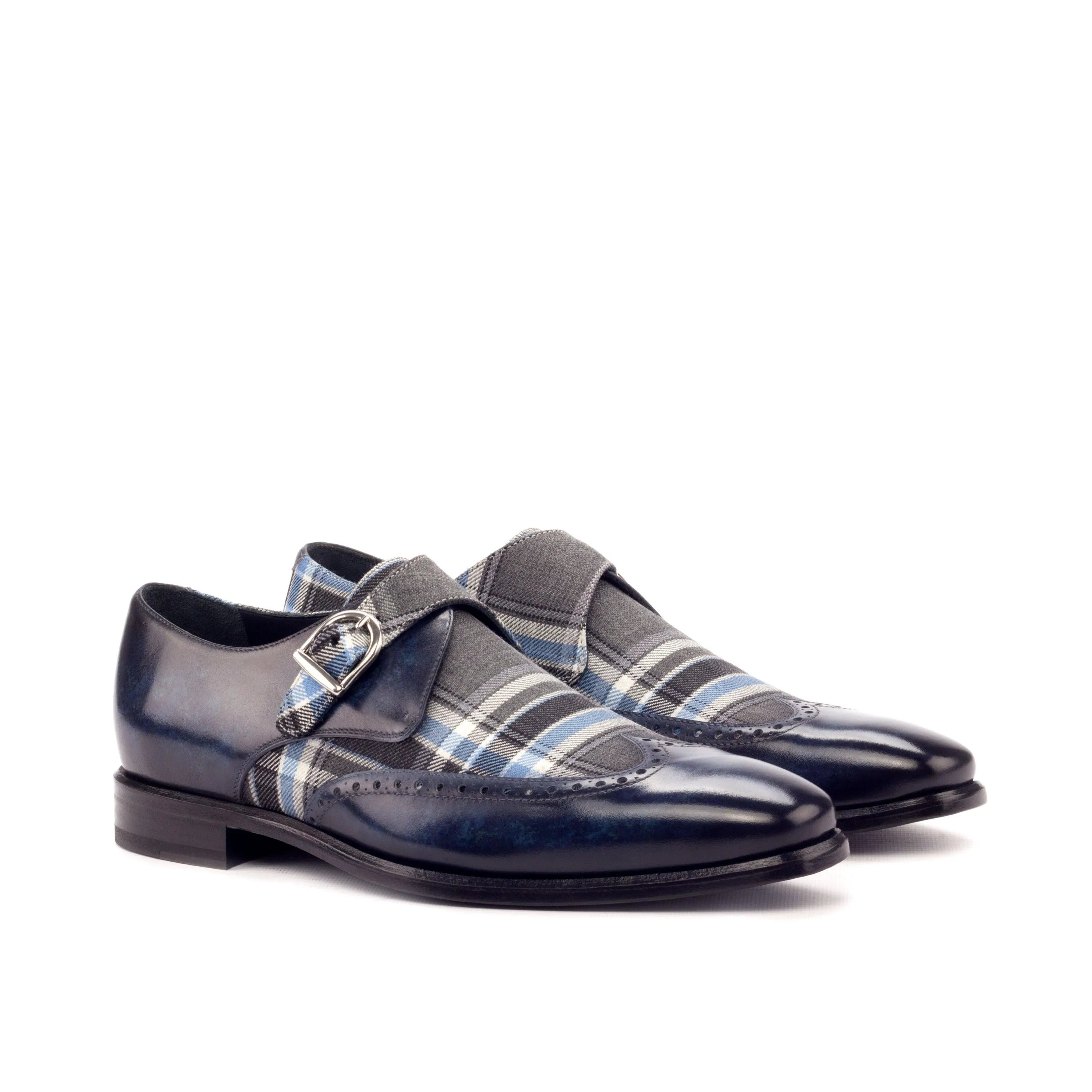Pair of plaid Empire single monk patina shoes