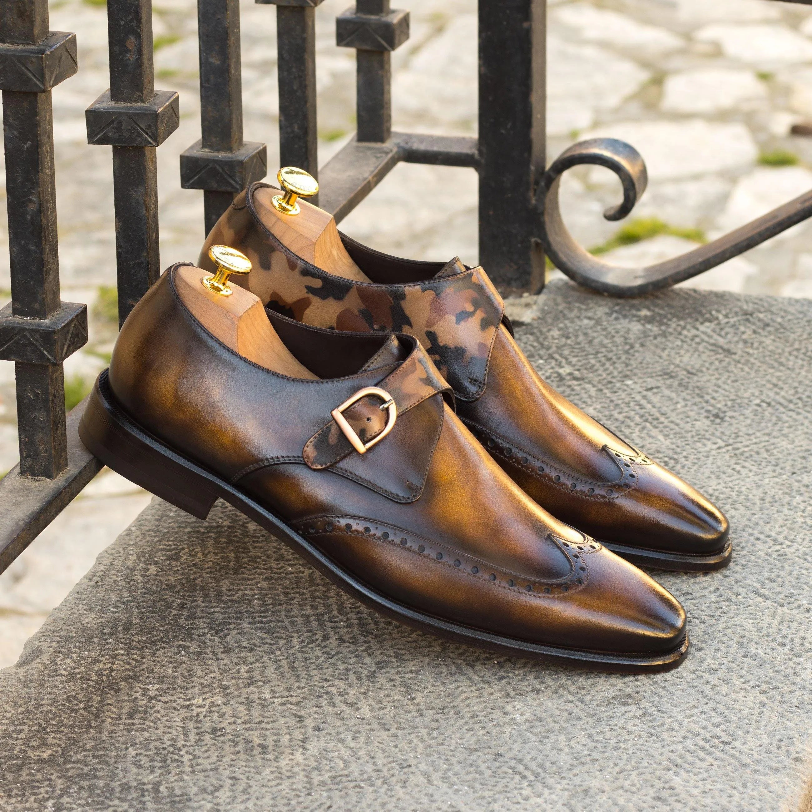Galethio single monk patina brown leather monk strap dress shoes