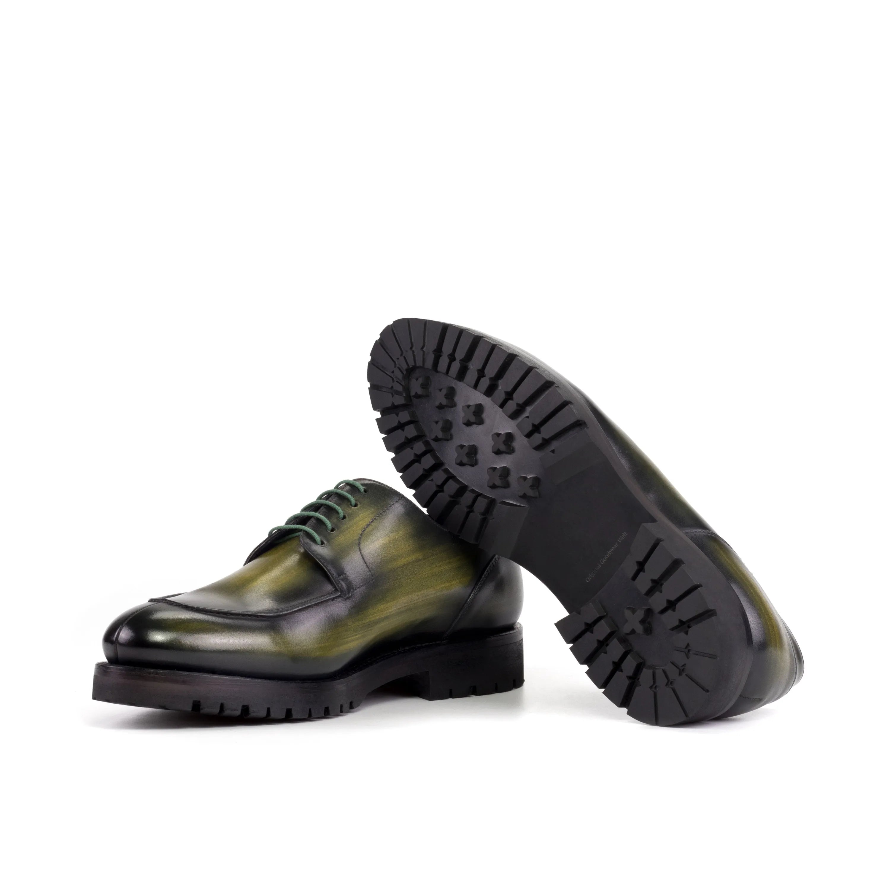Jarama derby split toe patina shoes in green leather with lug soles
