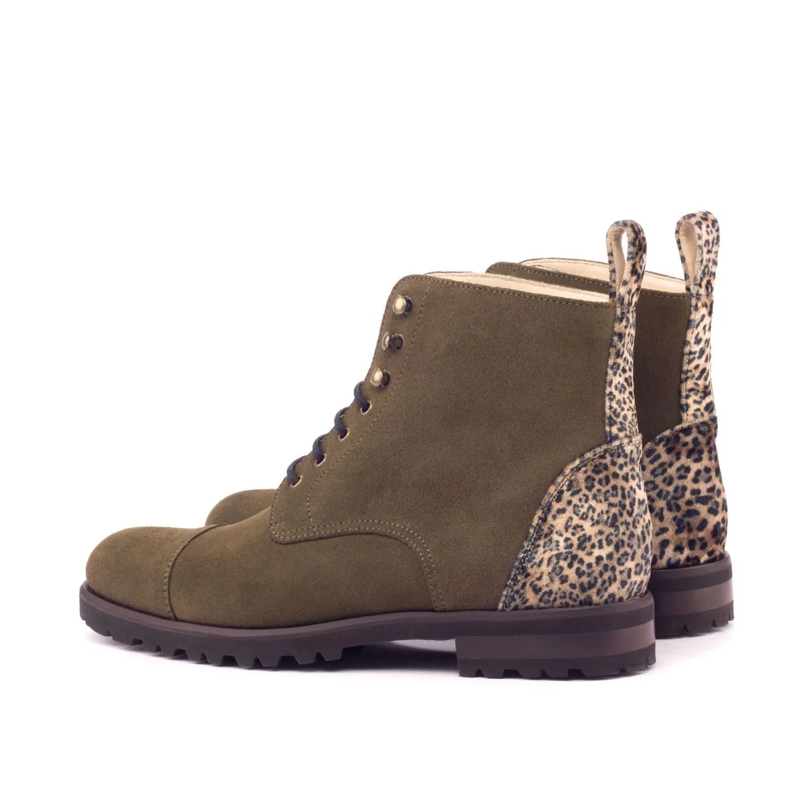 Layal Ladies Captoe boots in olive green leather with leopard print accents