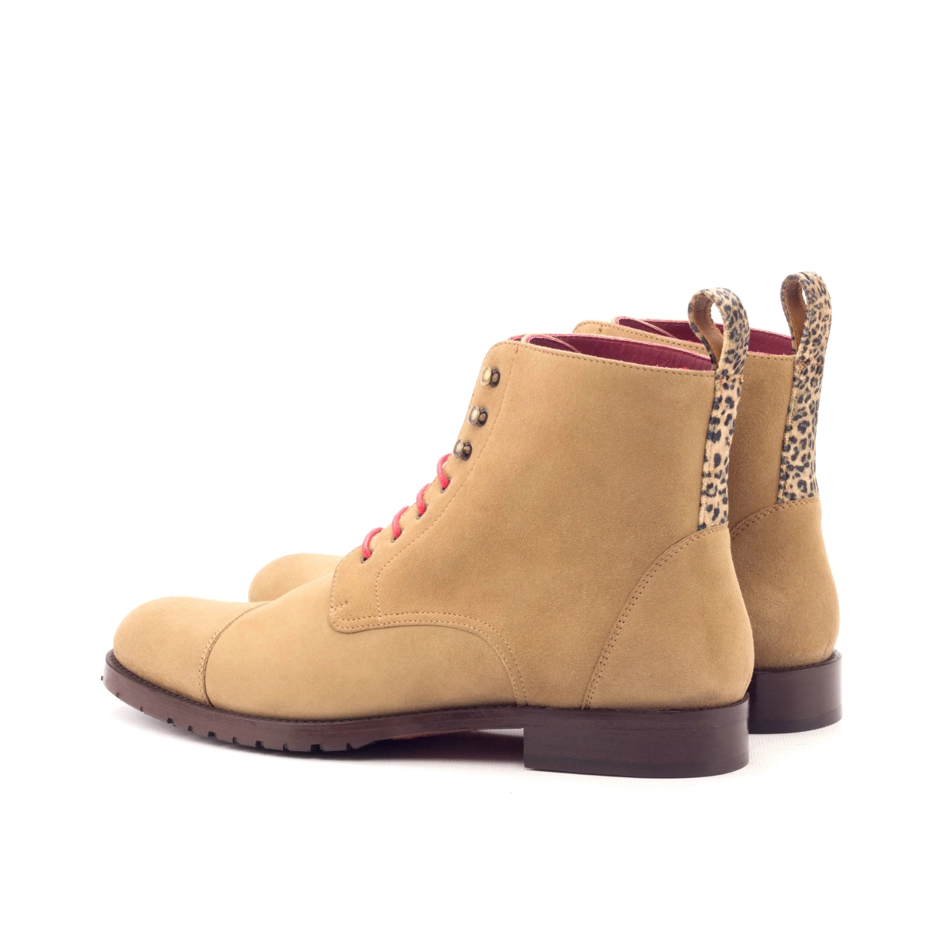 Lorrain ladies captoe boots back view with tan leather and leopard pull tabs
