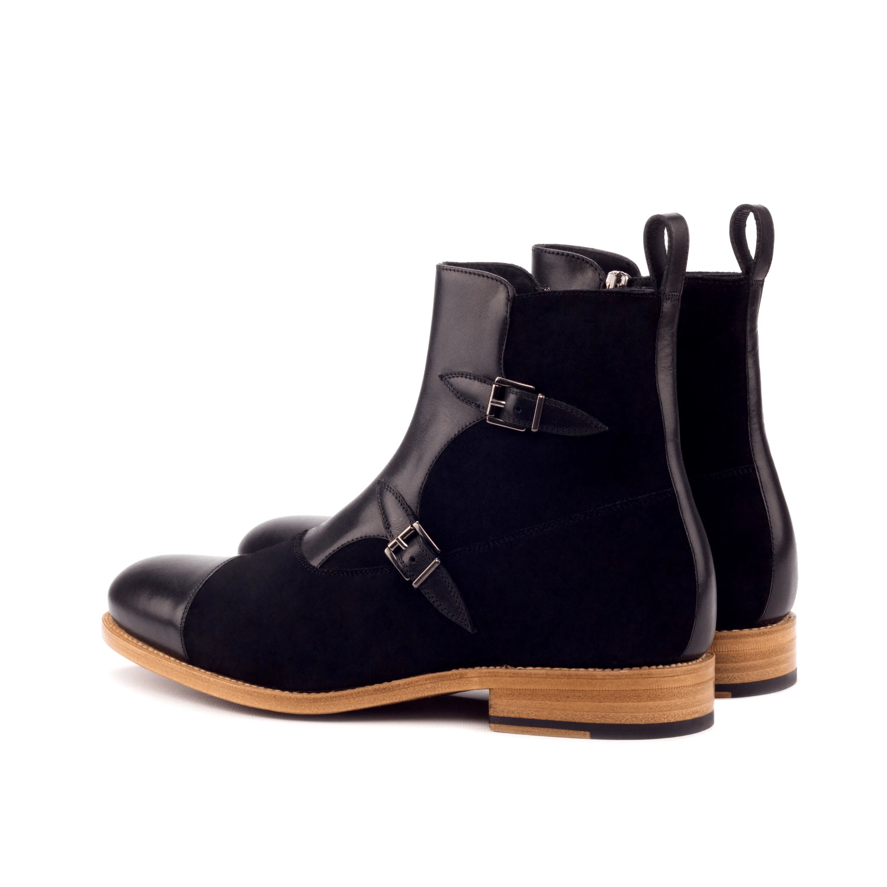 Luther Octavian boots: black leather and suede monk strap back view
