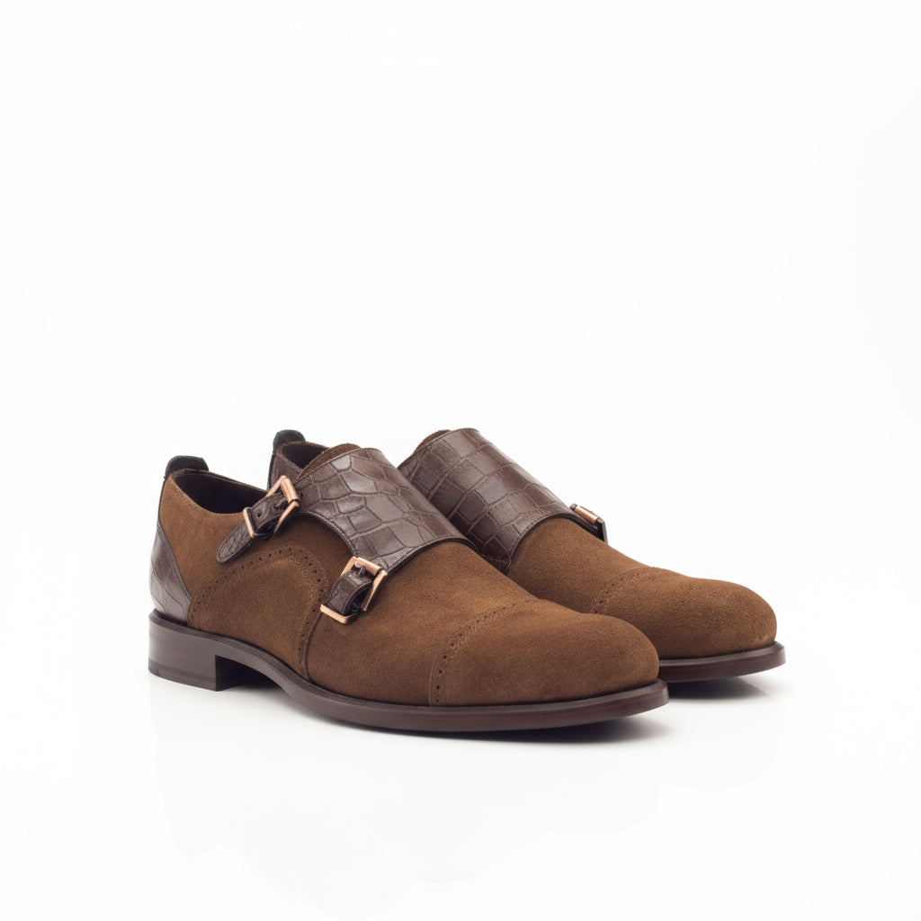 Mary Woman Double monk brown leather shoes back view