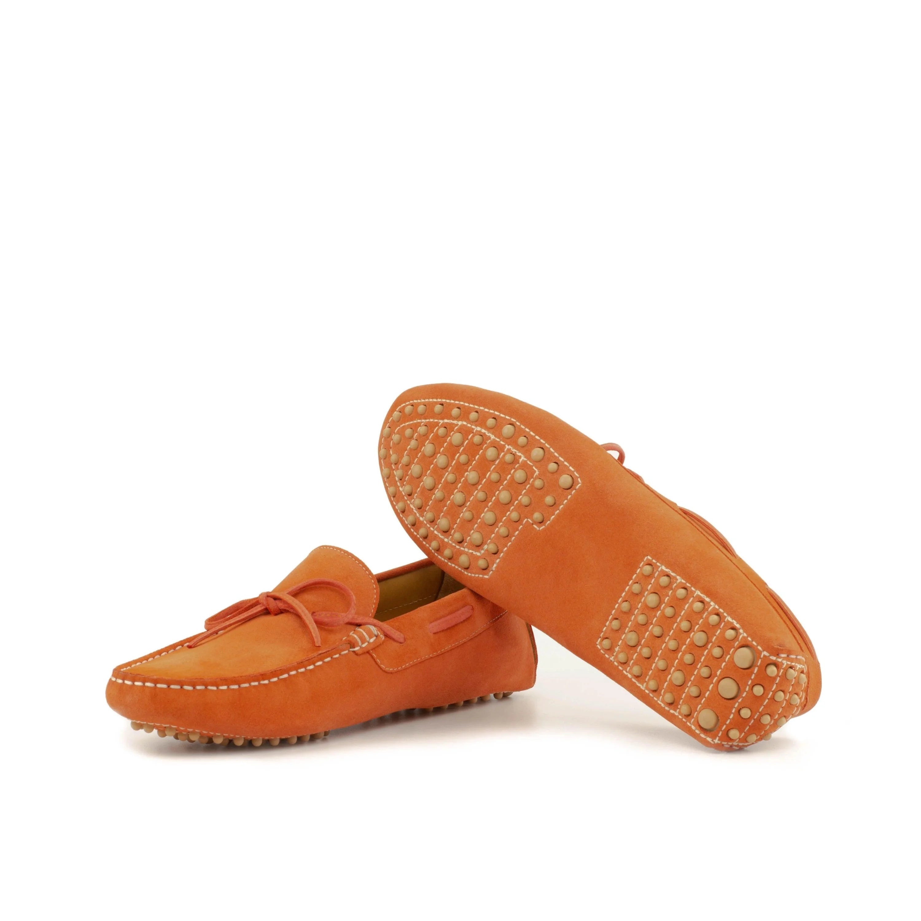 Maryland Driver II orange leather loafers with studded soles and bow