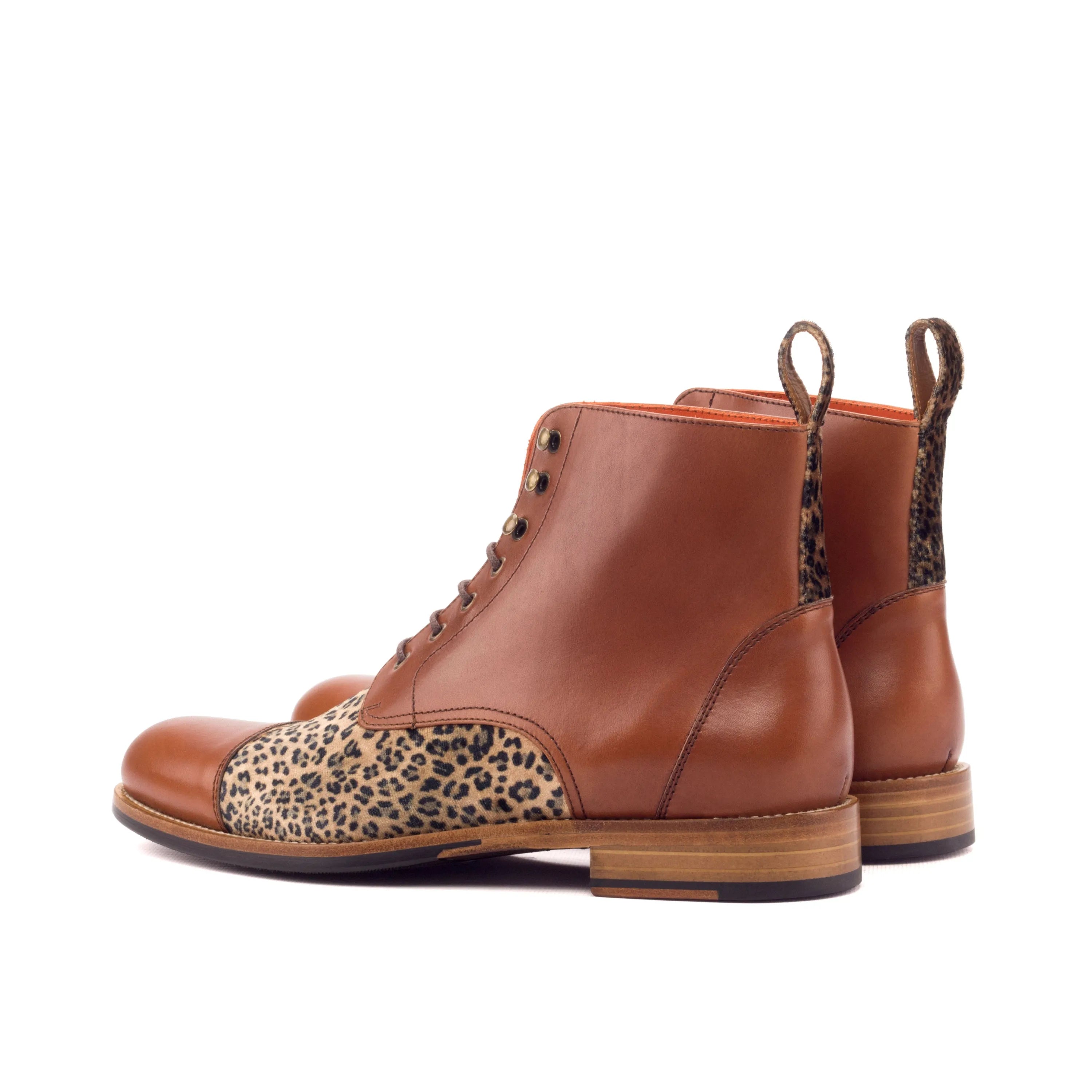 Brown Mo Ladies Captoe boots with leopard print accents