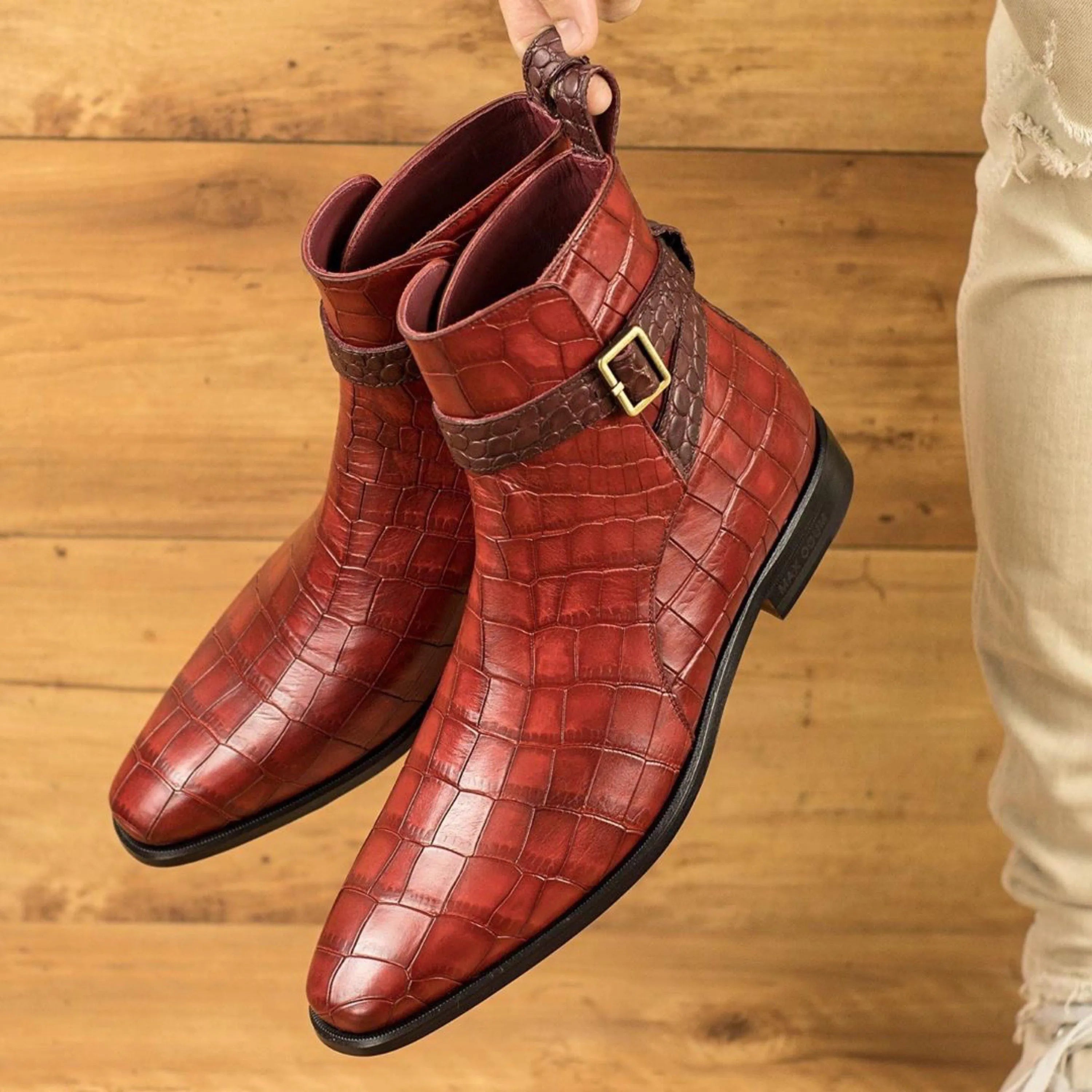 Red monday croc jodhpur boots in painted croco pattern