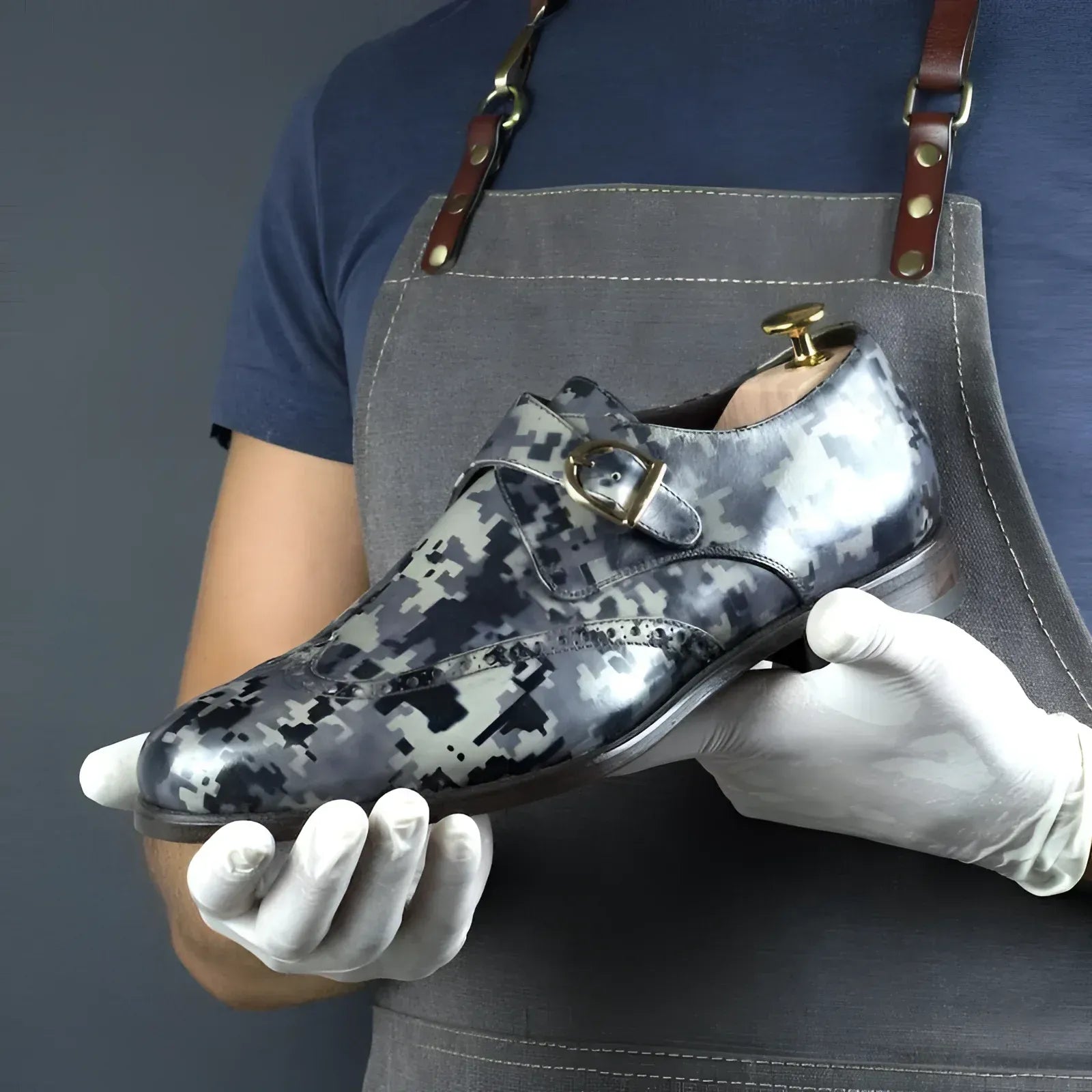 Nordik Tokyo patina double monk camouflage leather shoe back view