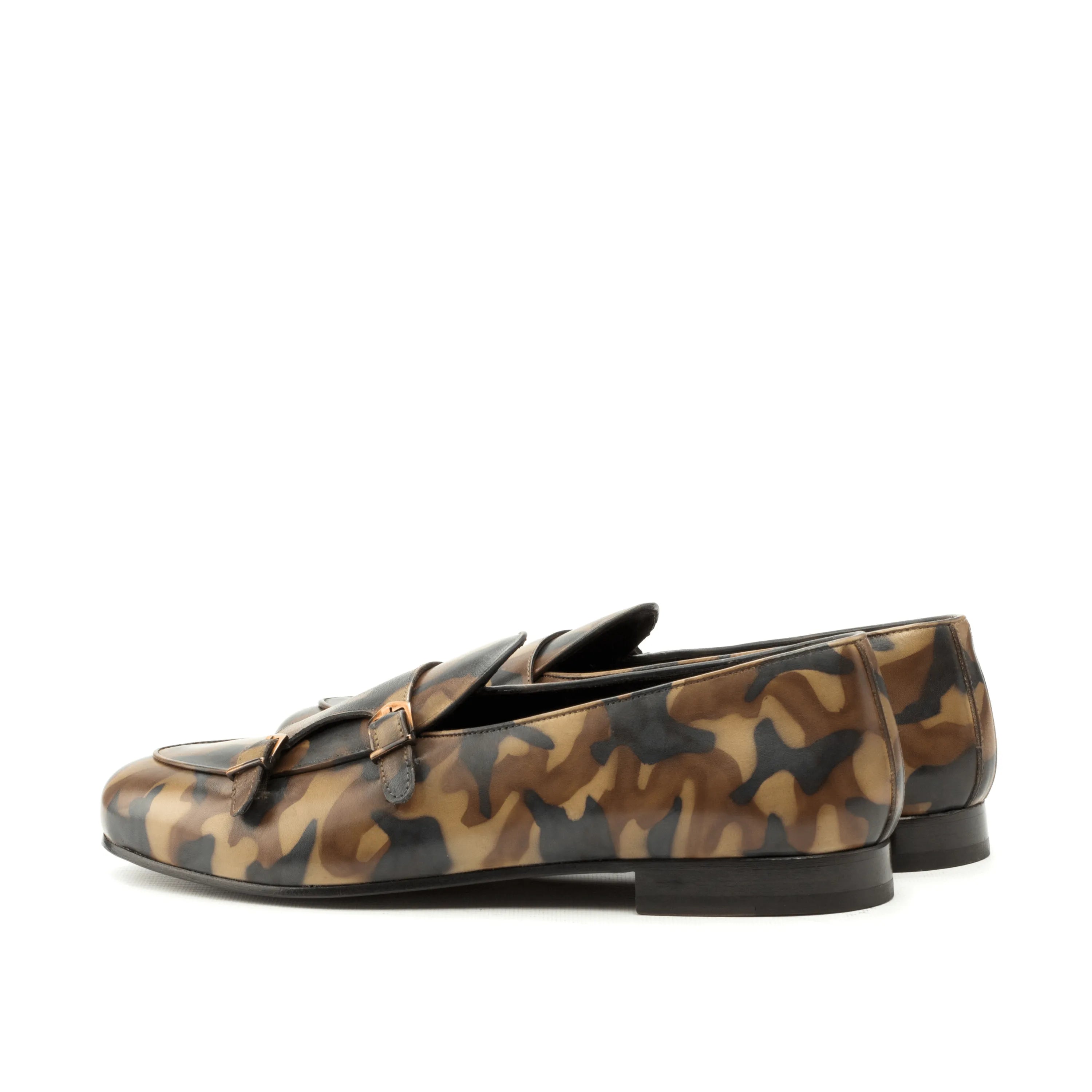 Pelagios Belgian patina monk slipper with camouflage leather back view