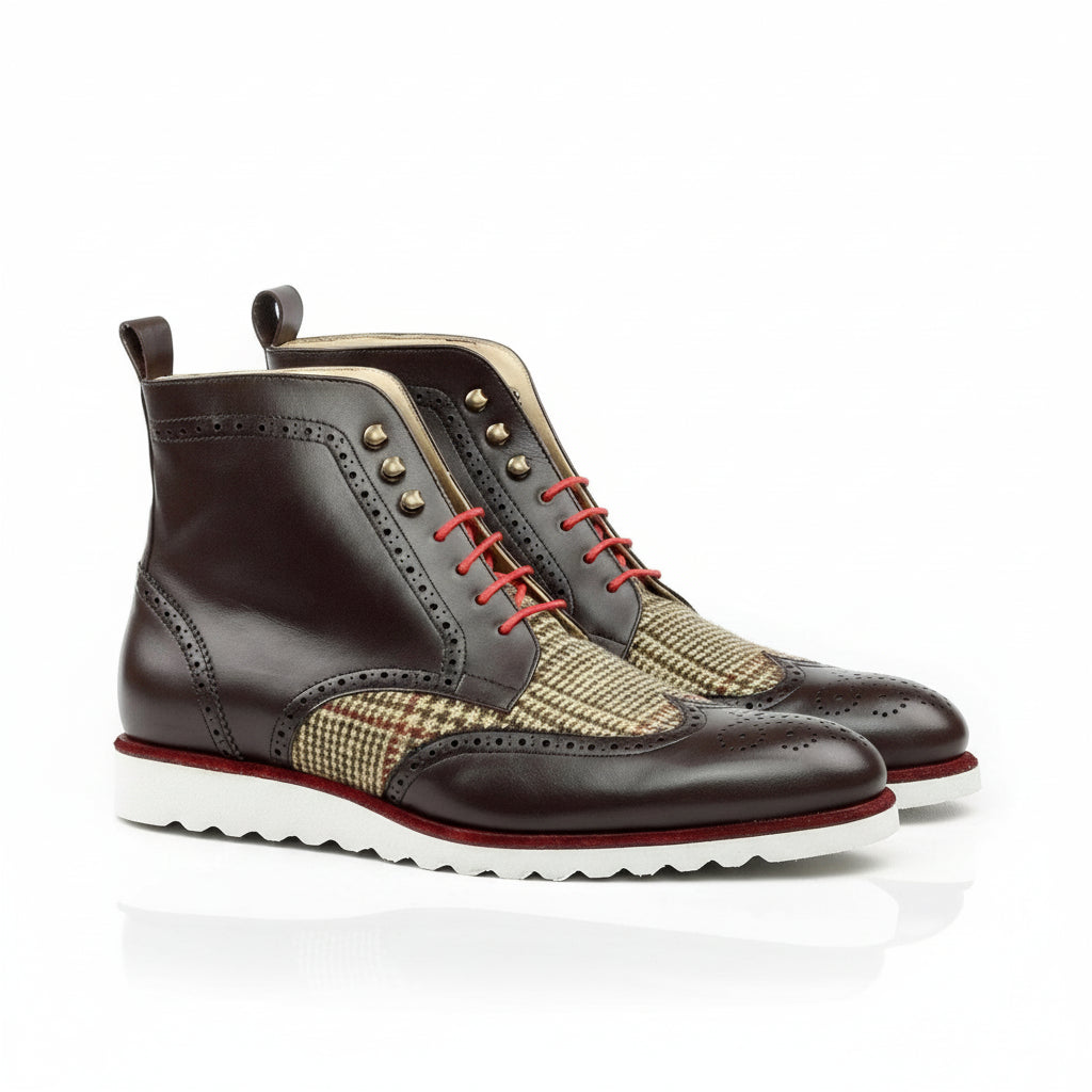 Pierre military brogue boots in brown leather and tweed
