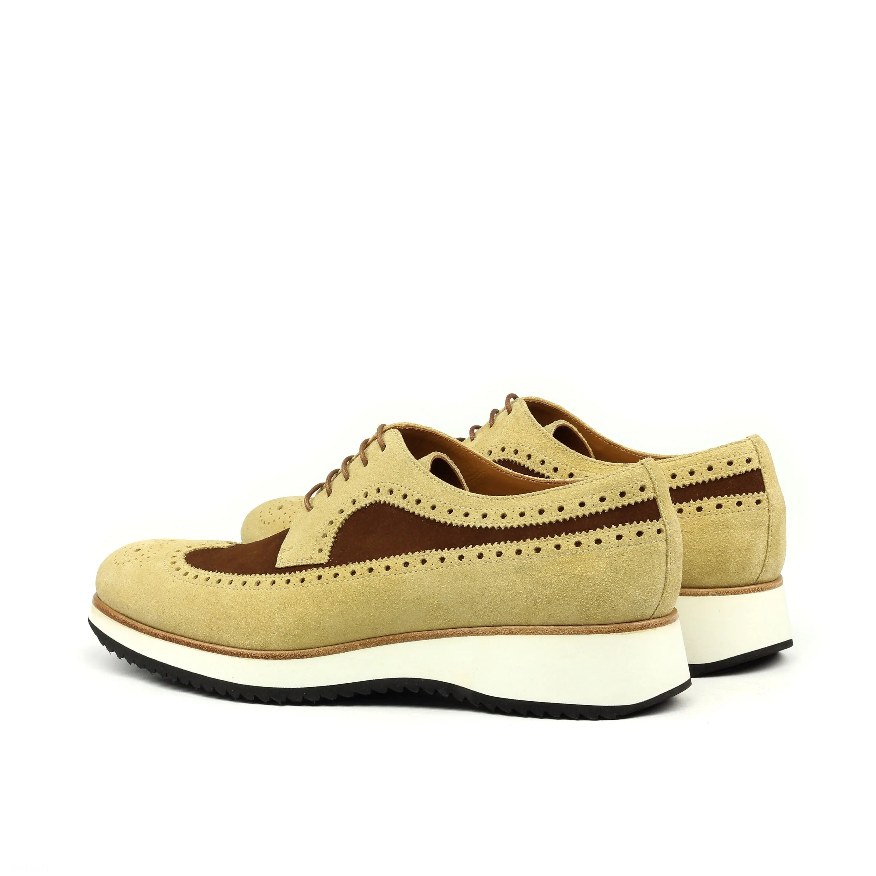 Rudi Longwing Blucher in brown lux suede beige and brown wingtip shoes