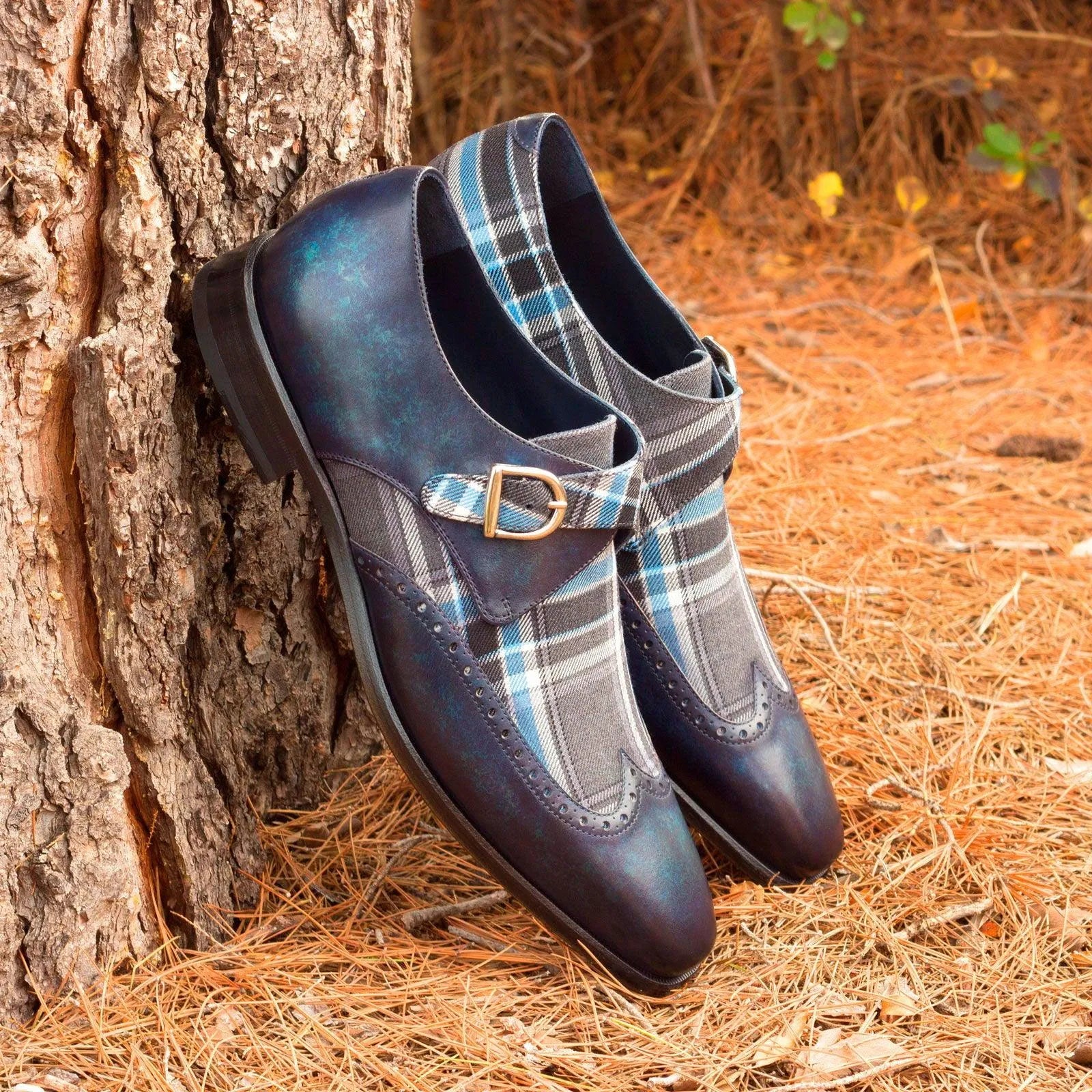 Salute single monk patina blue leather plaid buckled shoes
