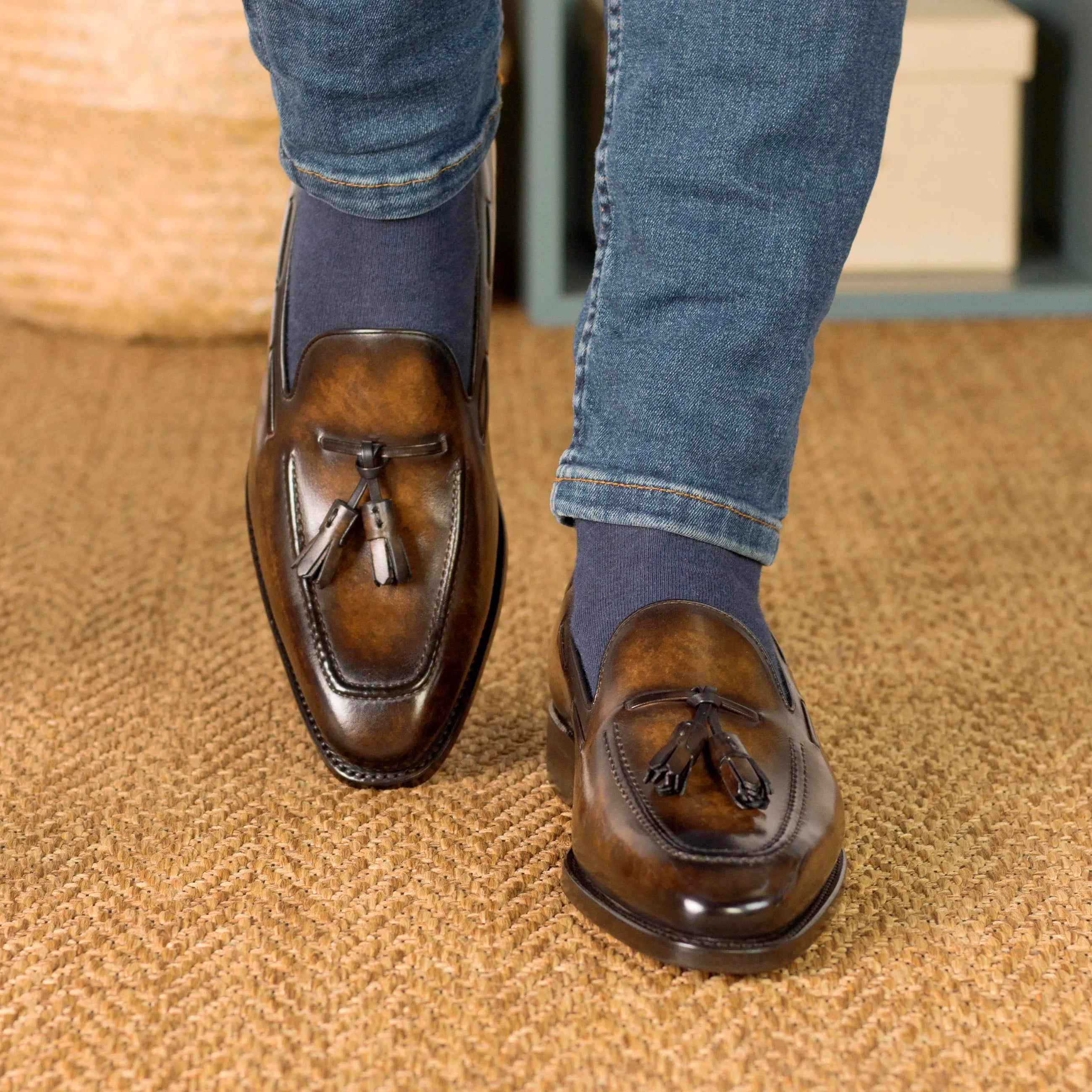 Back view of Sam Patina Loafers II brown leather tassel goodyear loafers