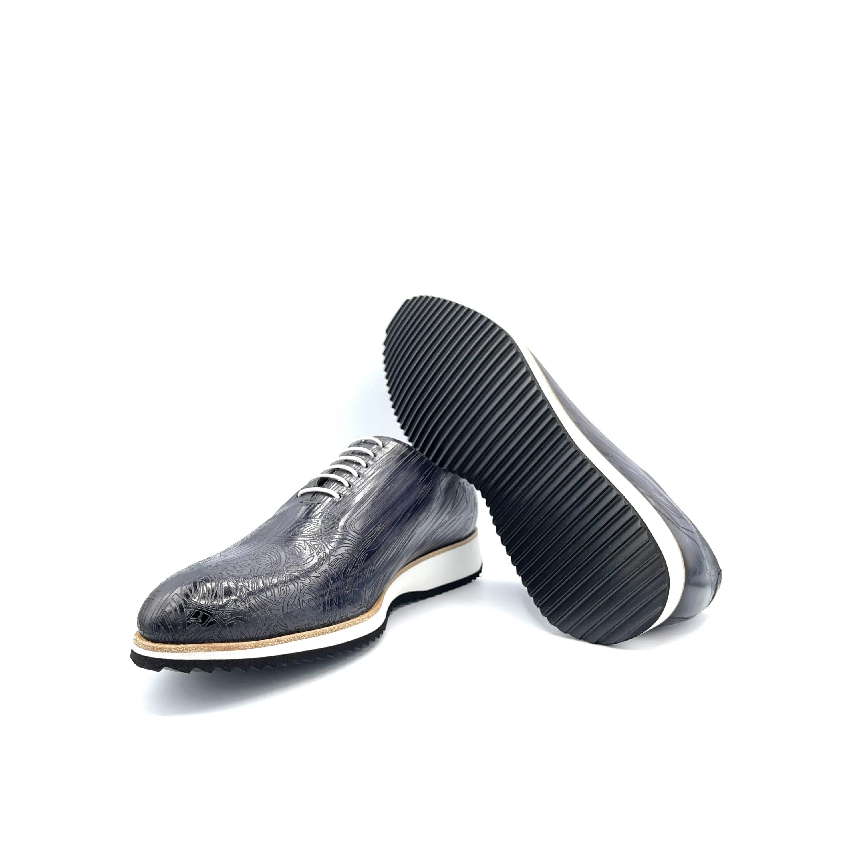 Gray Script 2 Patina Wholecut II dress shoes with thick black soles
