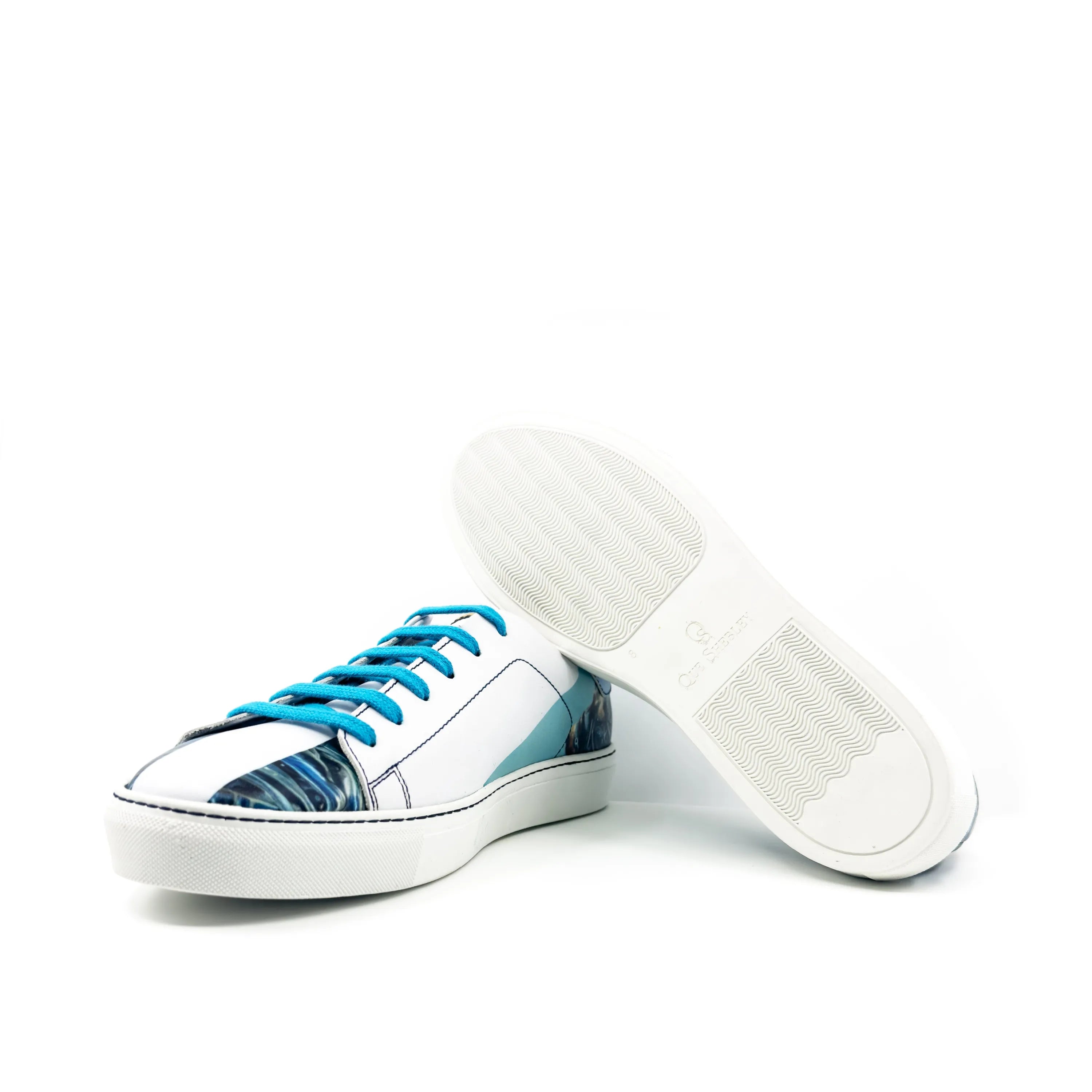 White Sentinal Trainer Sneaker II with blue accents