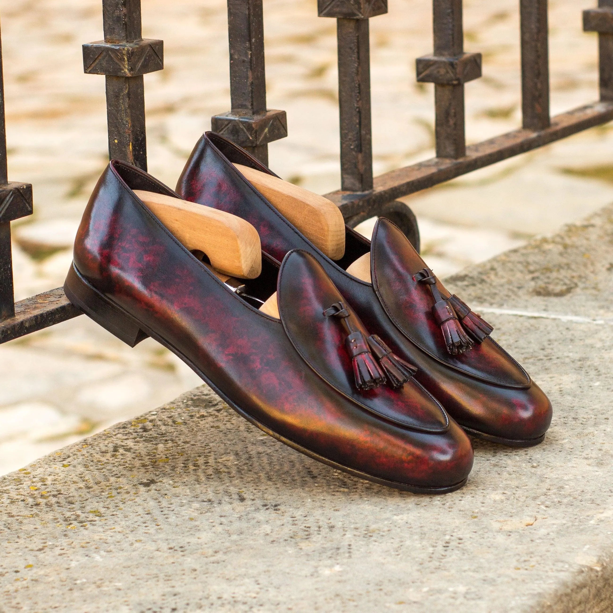 Burgundy leather tassel loafers on SoLo Patina Belgian Slipper II