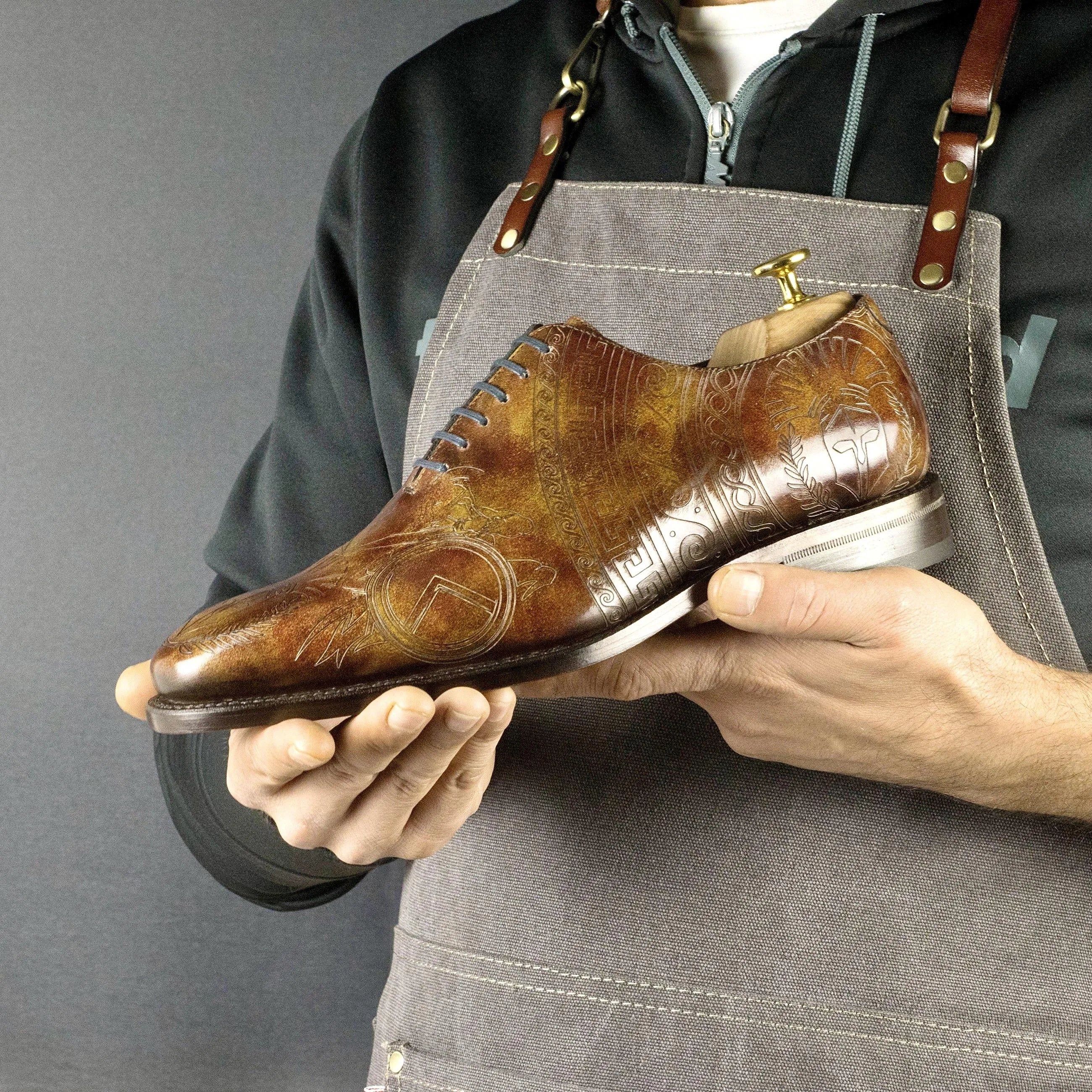 Sparta patina wholecut brown leather dress shoe with decorative etchings