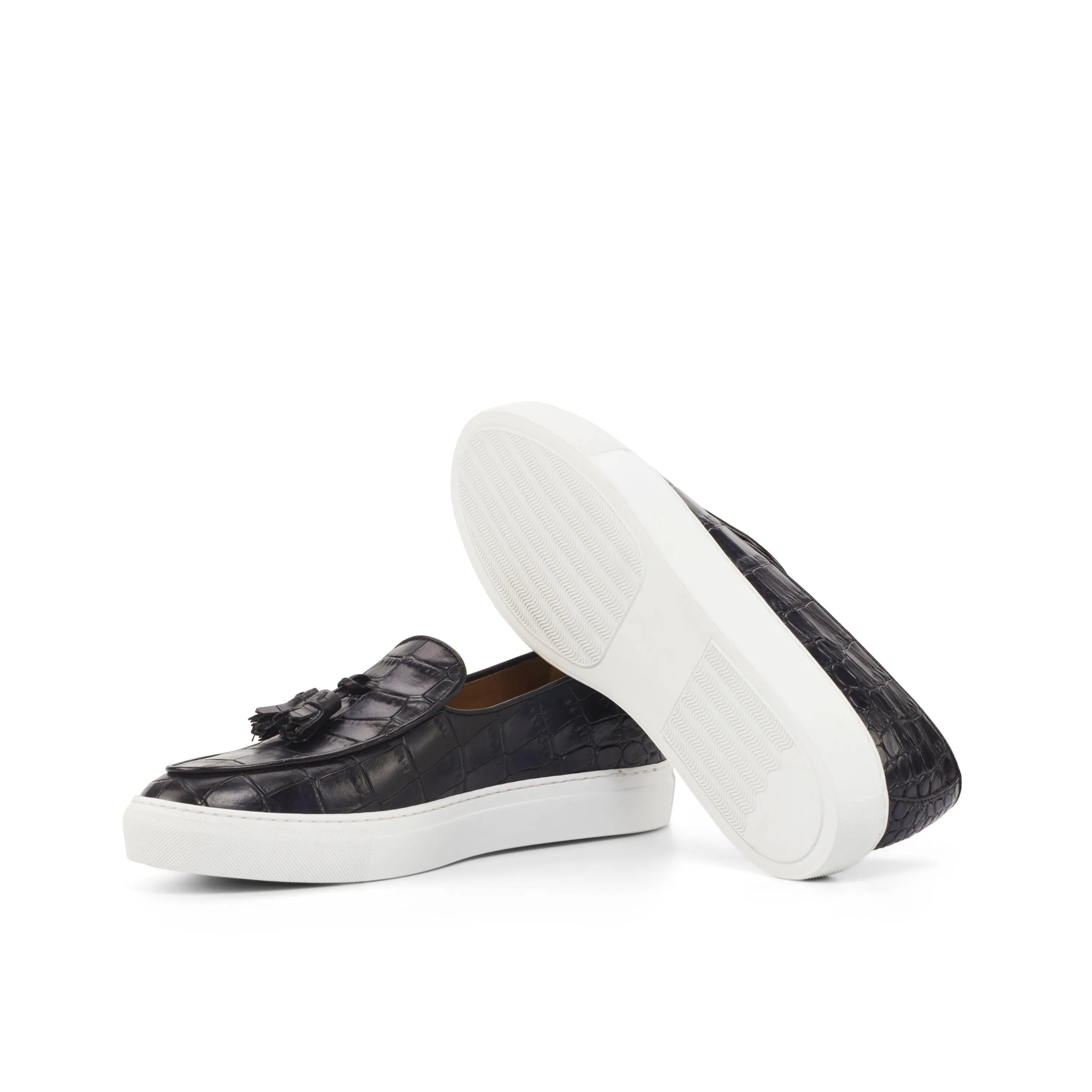 Xevia Belgian Monk Sneaker II in black calf leather tassel loafers