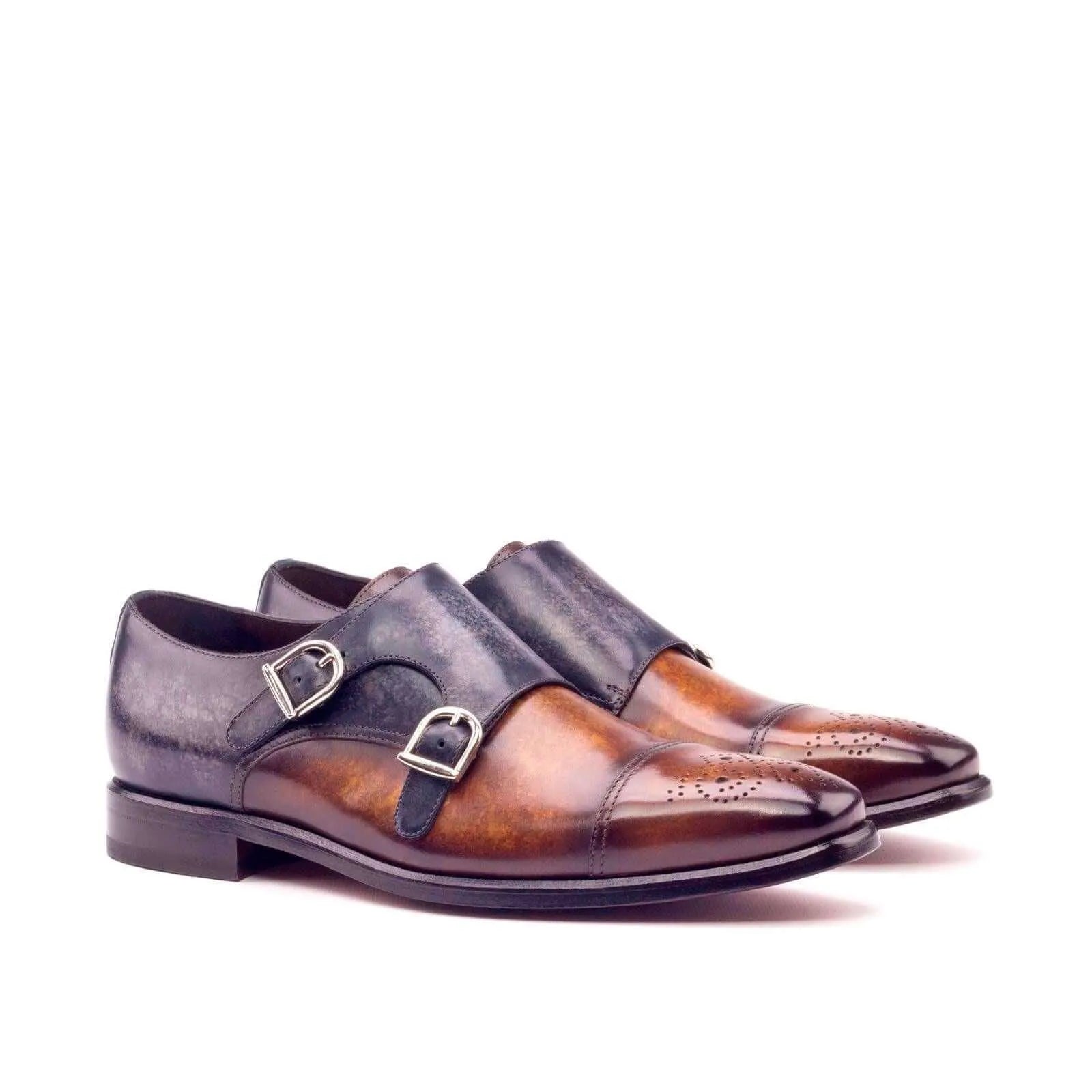 Brown and blue 1825 double monk patina leather shoes