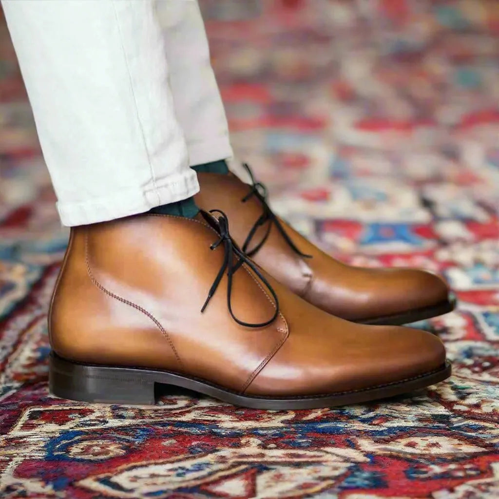 Brown leather 6011 chukka boots, luxury hand-painted patina shoes for men