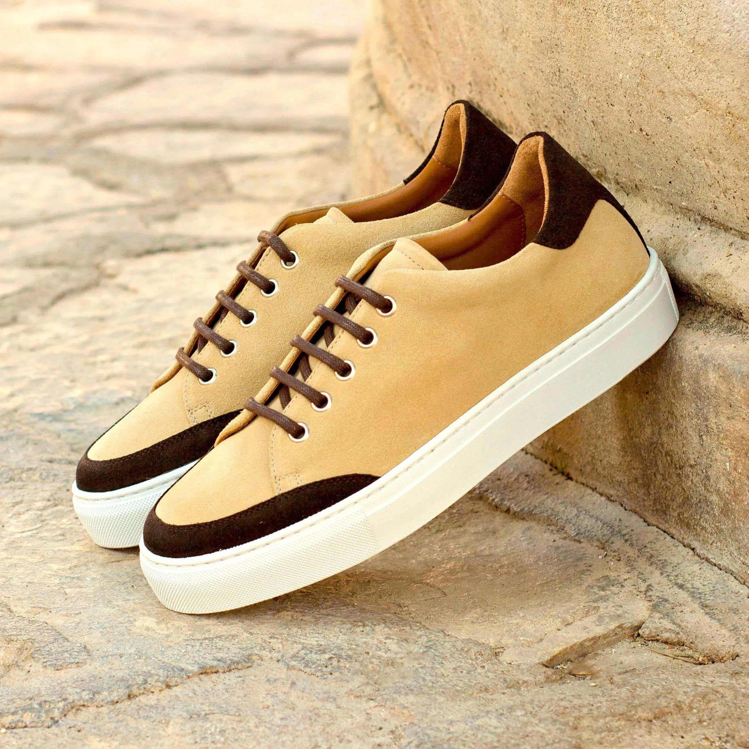 Adrianas ladies tennis sneaker II in tan lux suede with brown accents