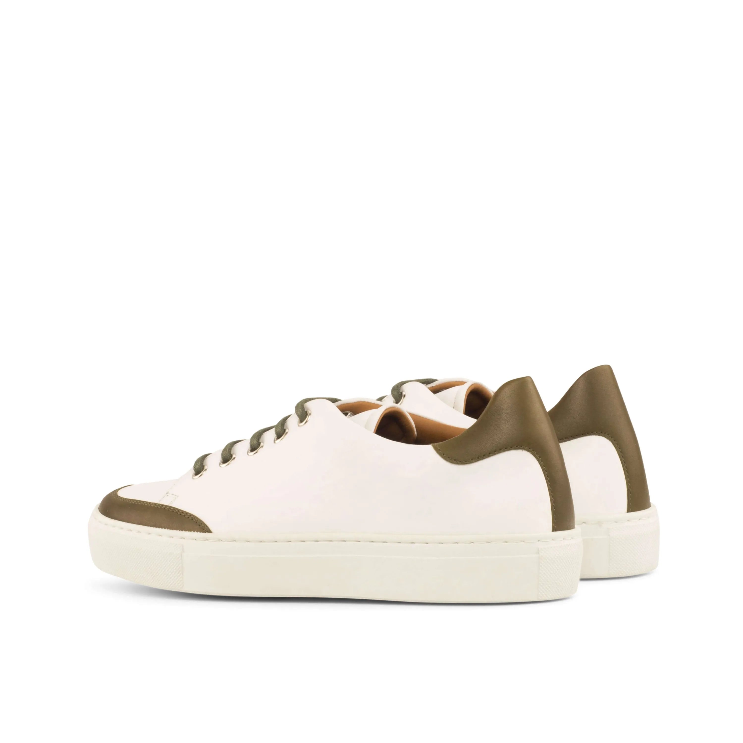 Alia ladies tennis sneaker: white leather with olive accents
