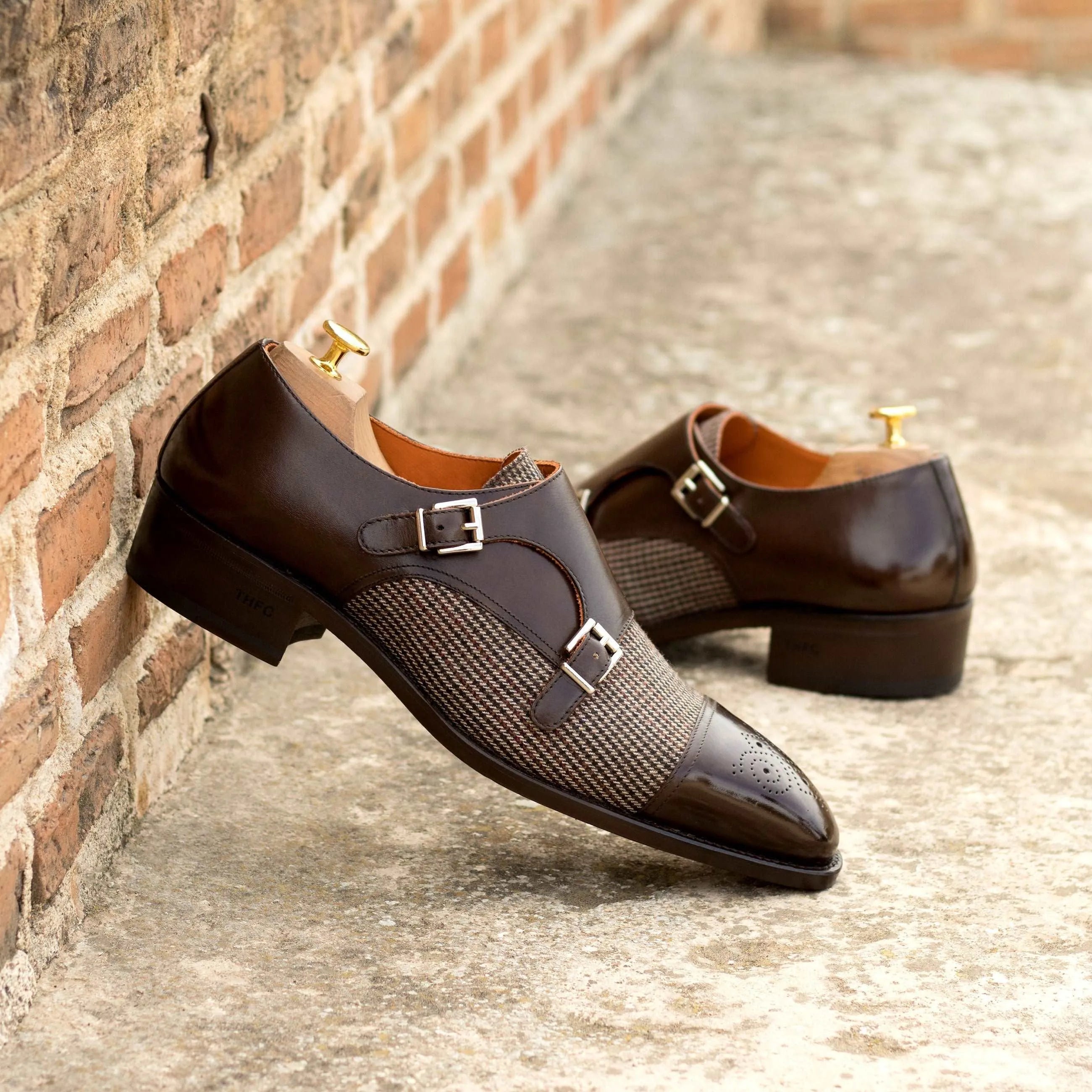 Aristo Double Monk brown leather tweed double monk patina shoes
