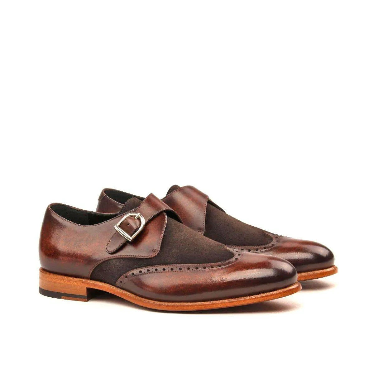 Chaz single monk patina shoes in brown leather back view