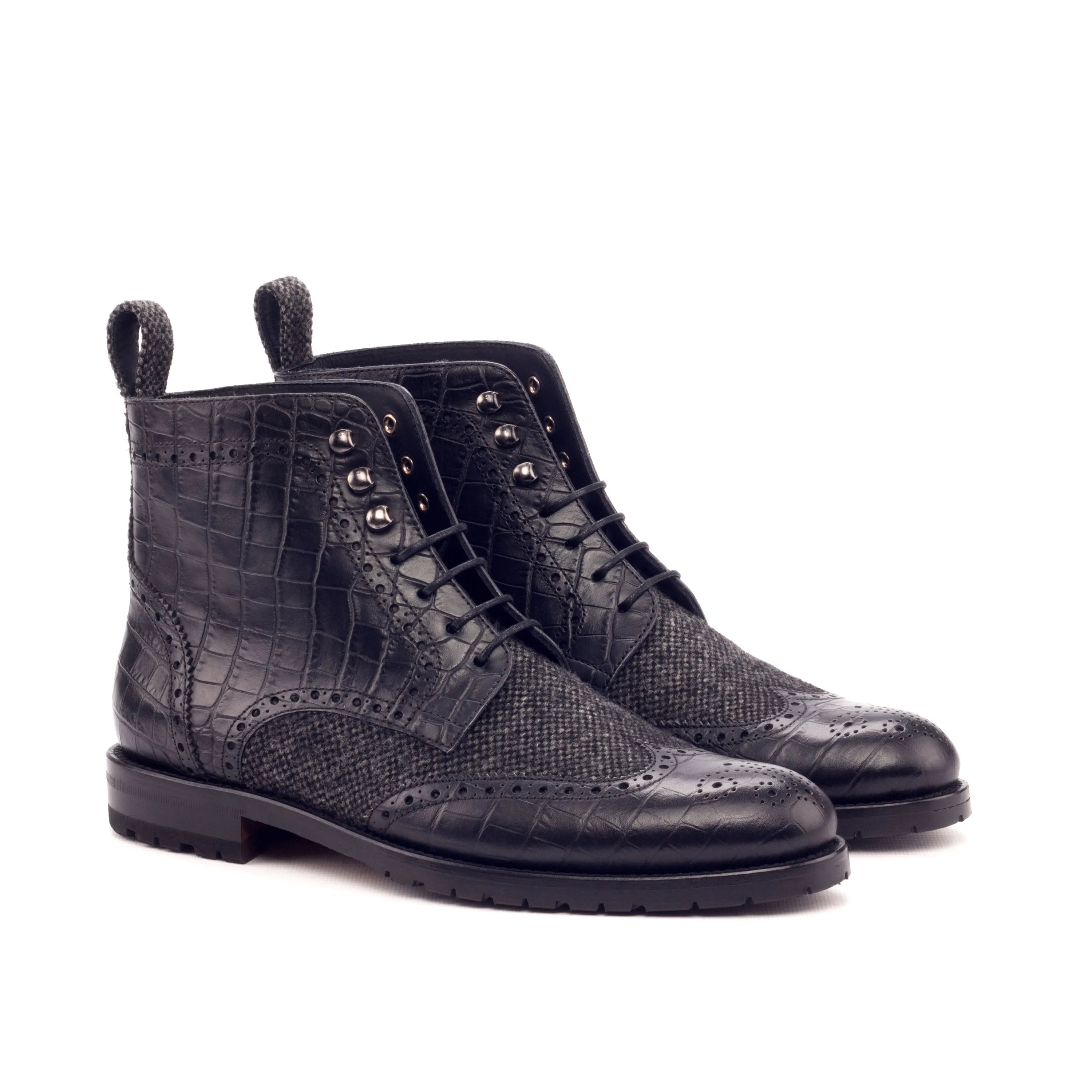 Pair of black leather and tweed Claudia ladies military brogue boots
