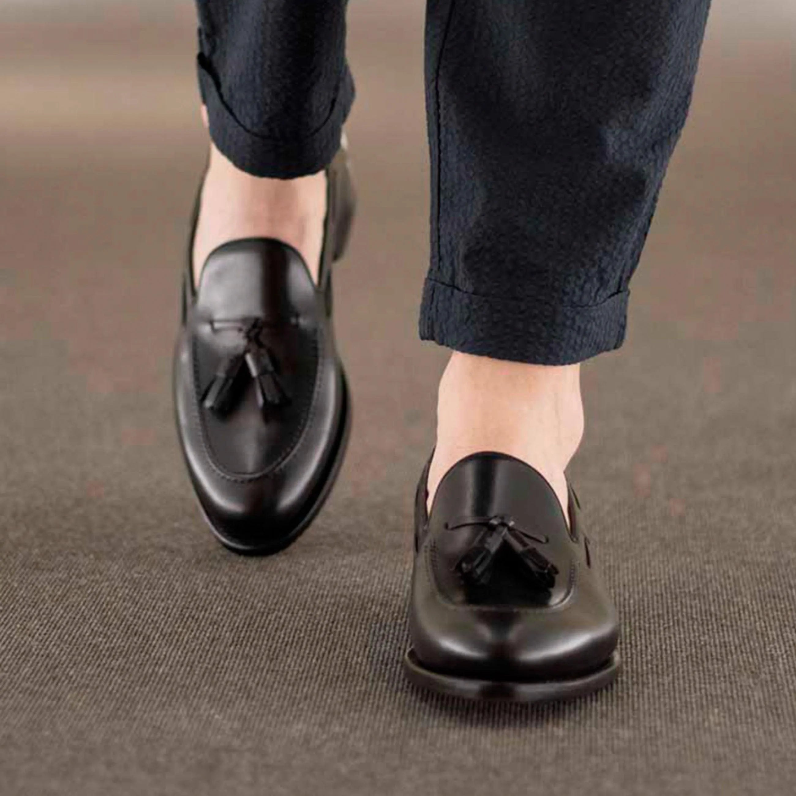 Black leather tassel Denver loafers II, back view, ships in 2-5 business days