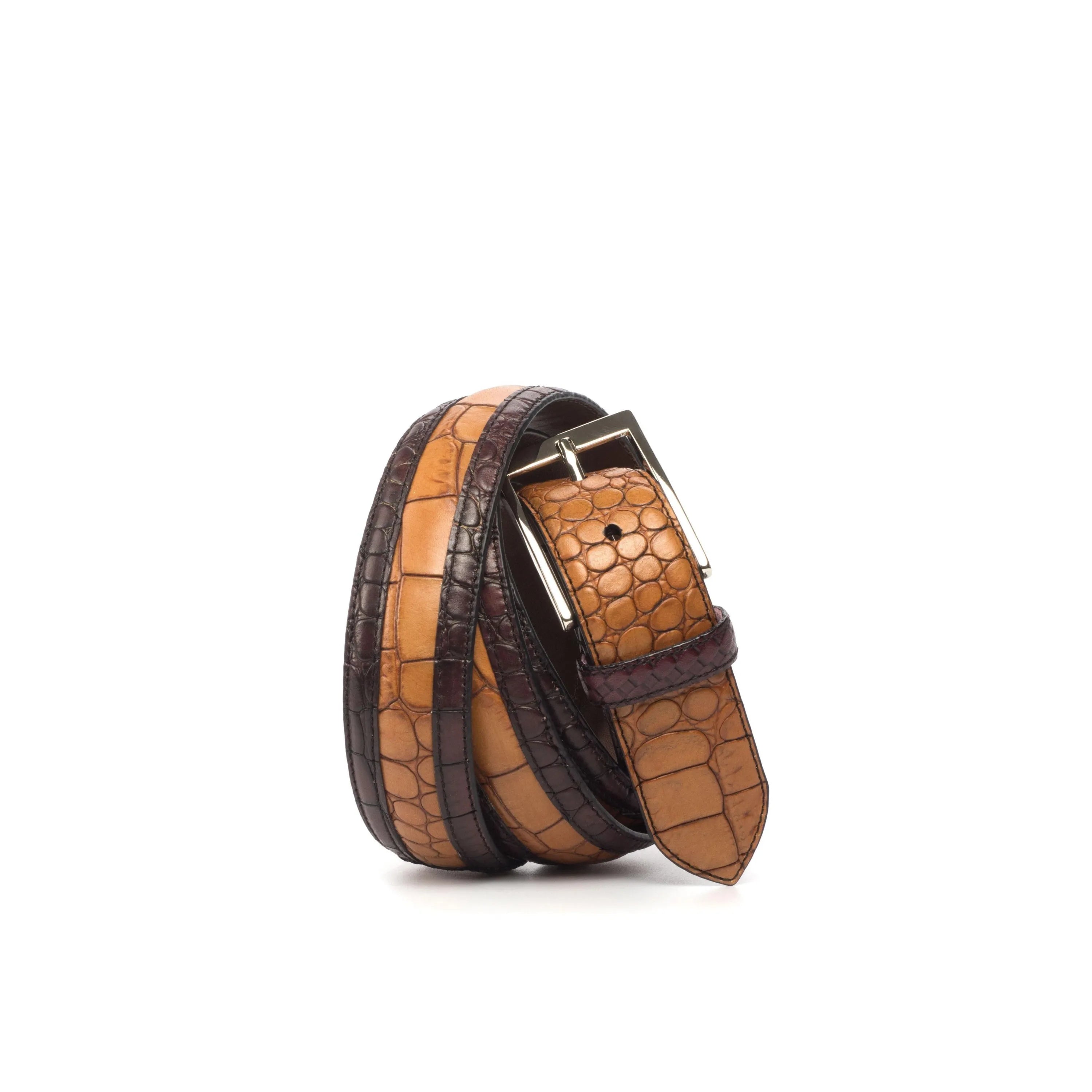 Deon croc venice belt II in brown and tan crocodile pattern