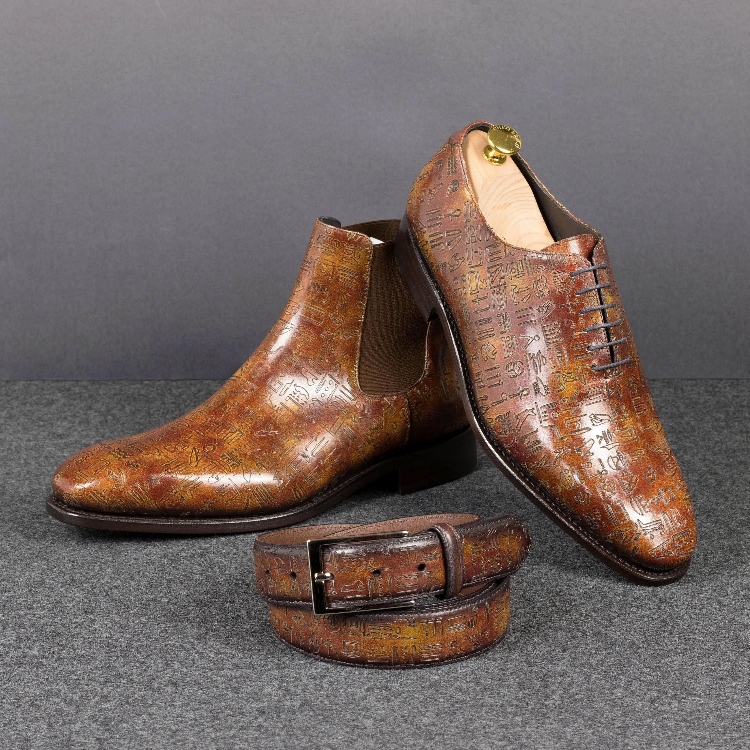 Egyptian patina belt with leather shoes and hieroglyphic pattern