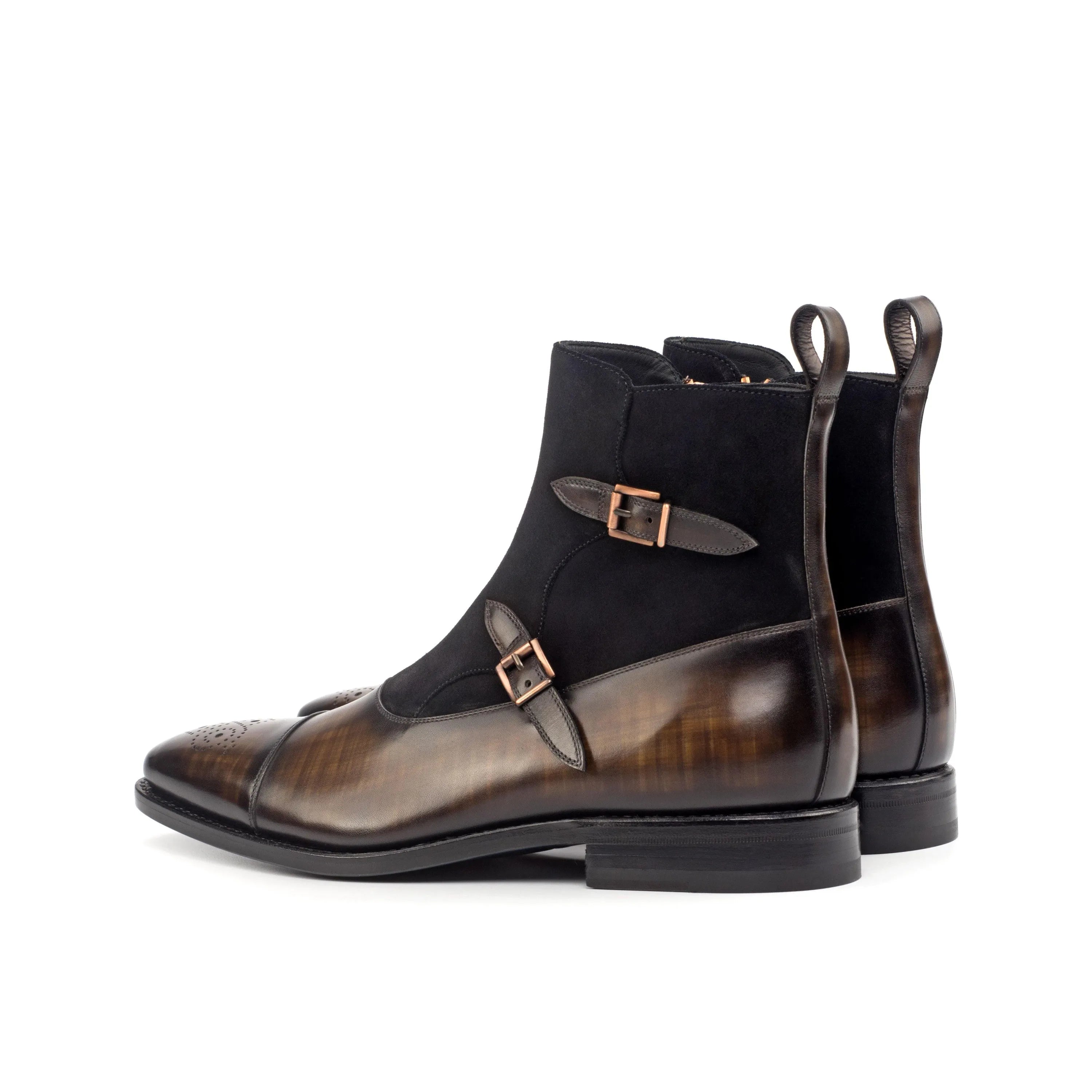 Faro Octavian Patina boots in brown leather black suede double monk strap