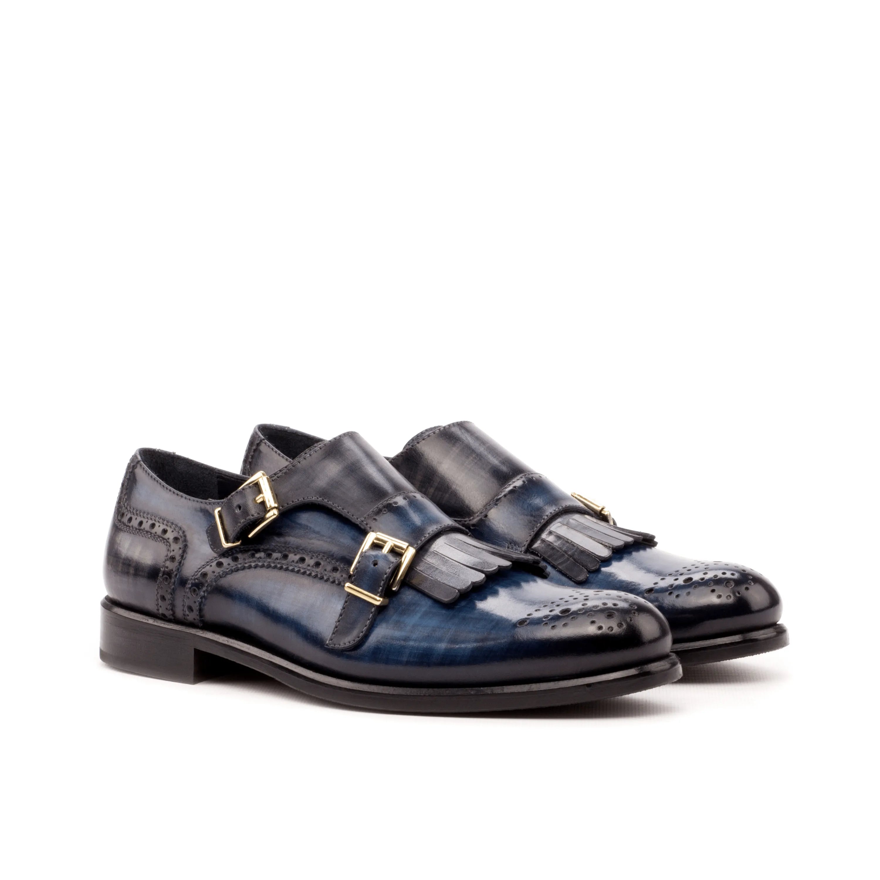 Gawain Kiltie Womens Monk Strap II blue leather shoes with crust patina