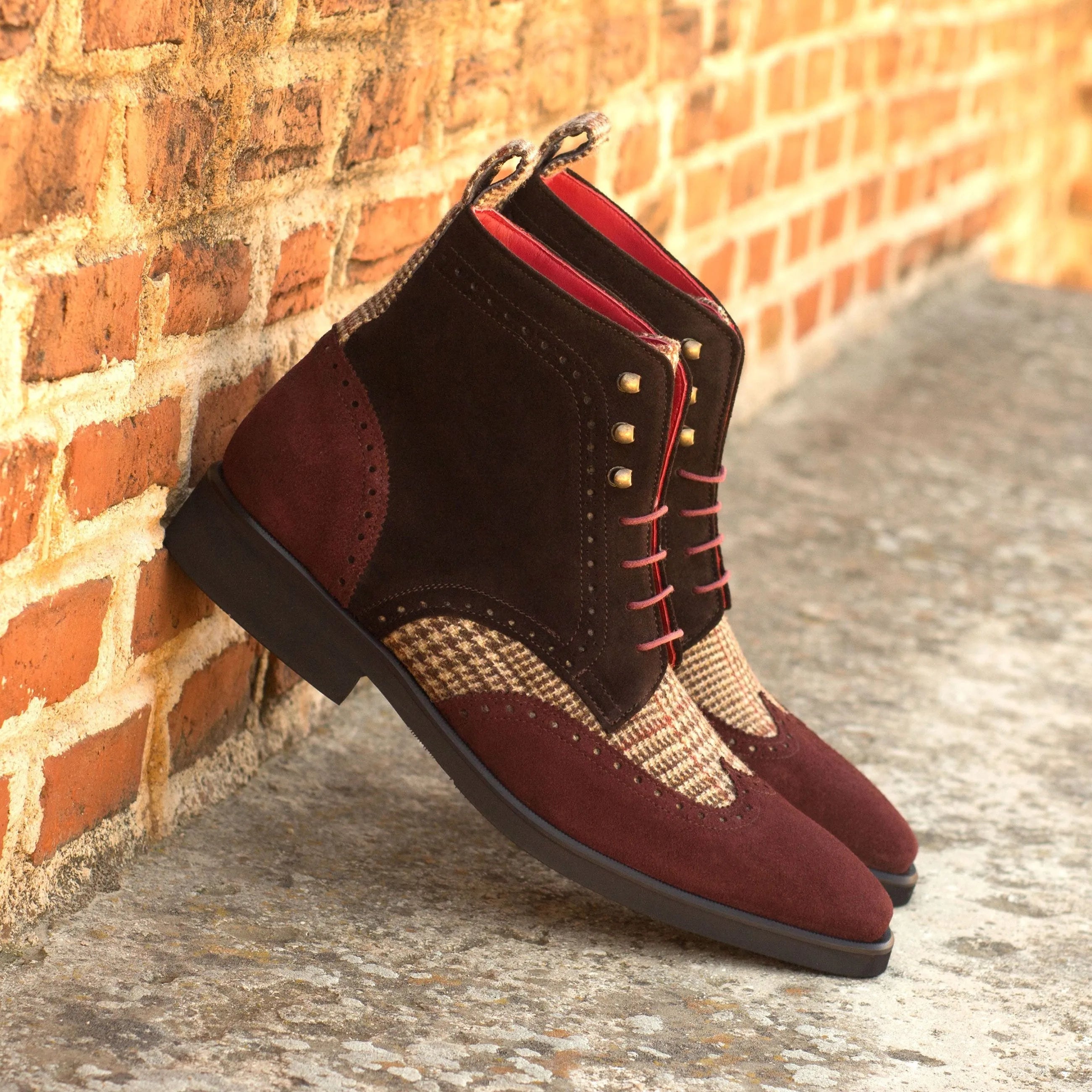 General06 military brogue boots in burgundy and brown wingtip