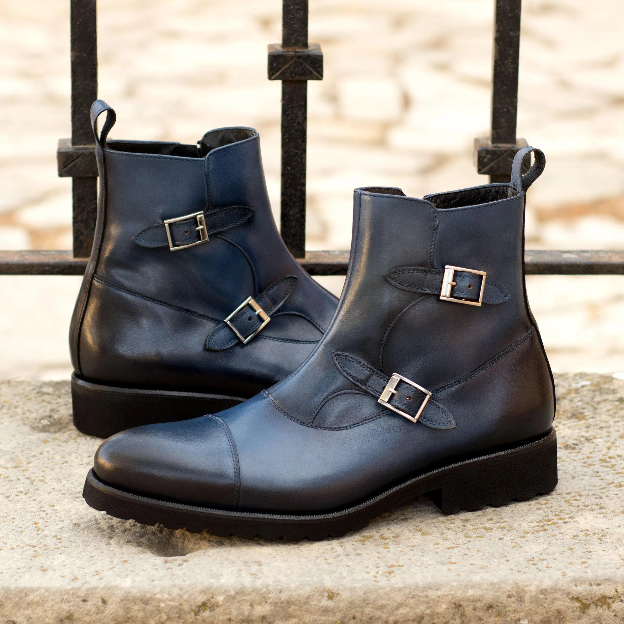 Georgino Octavian Boots II blue leather double monk strap boots