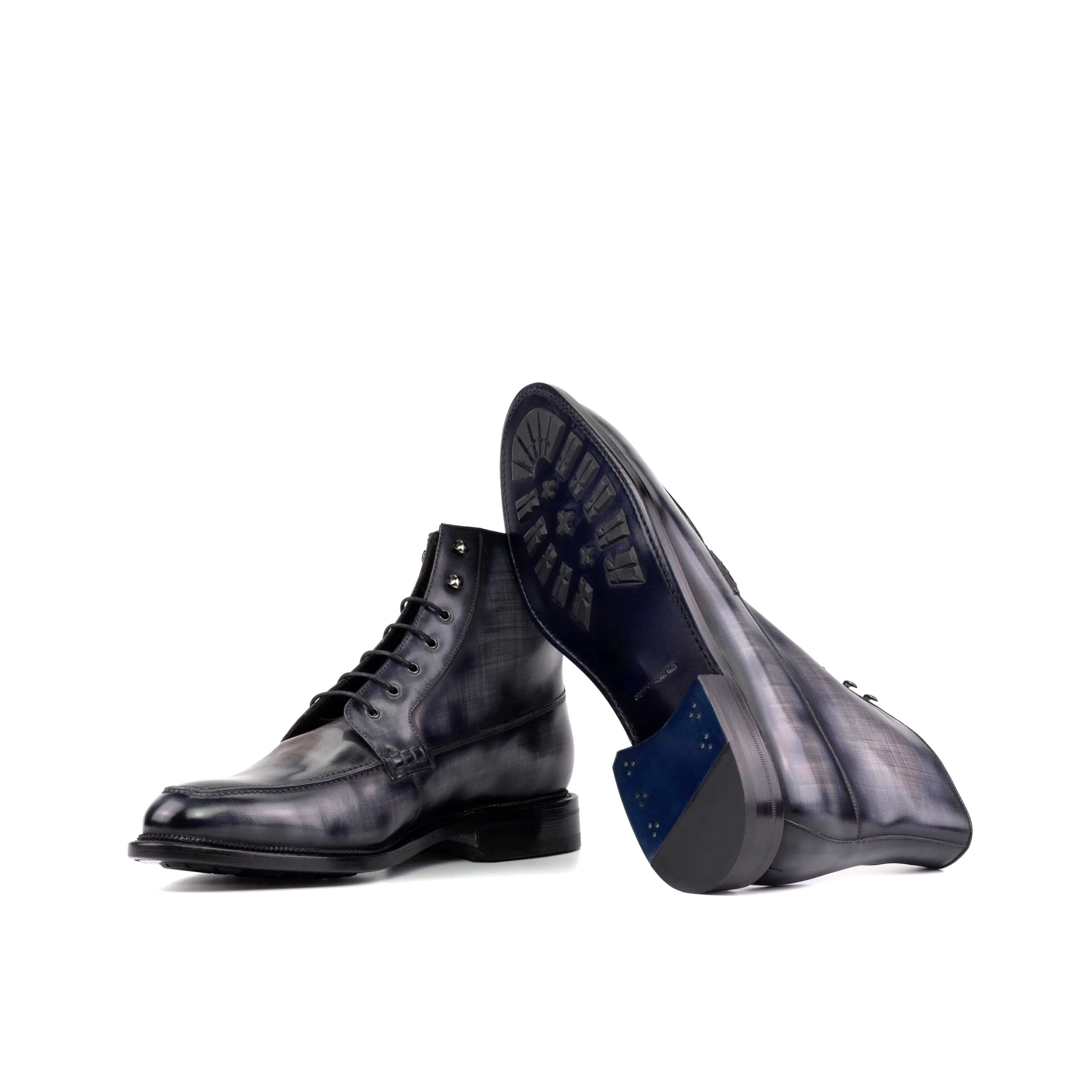 Gray Jarvis Patina Moc lace-up boots in leather, back view
