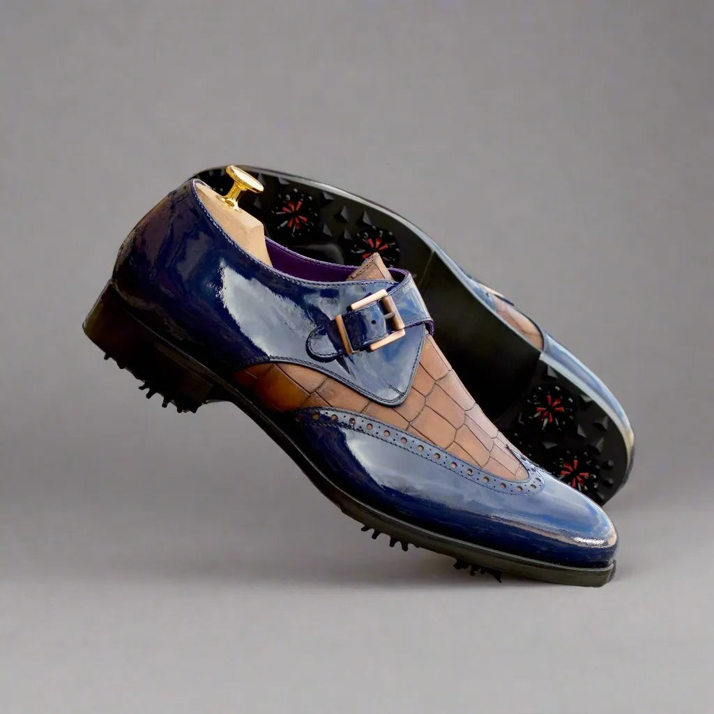 Lambo single monk golf shoes in blue and brown leather