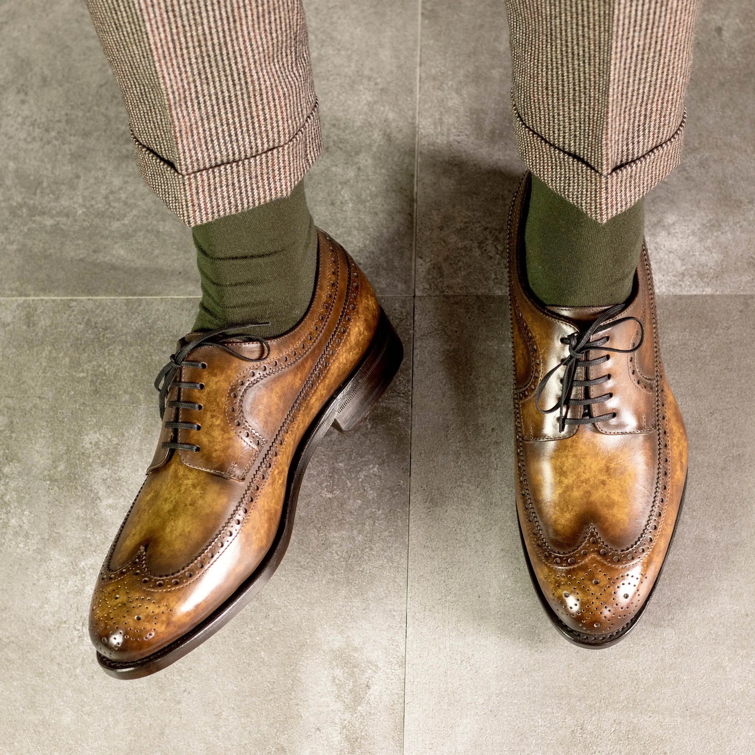 Brown leather Legend Patina Longwing Blucher wingtip dress shoes