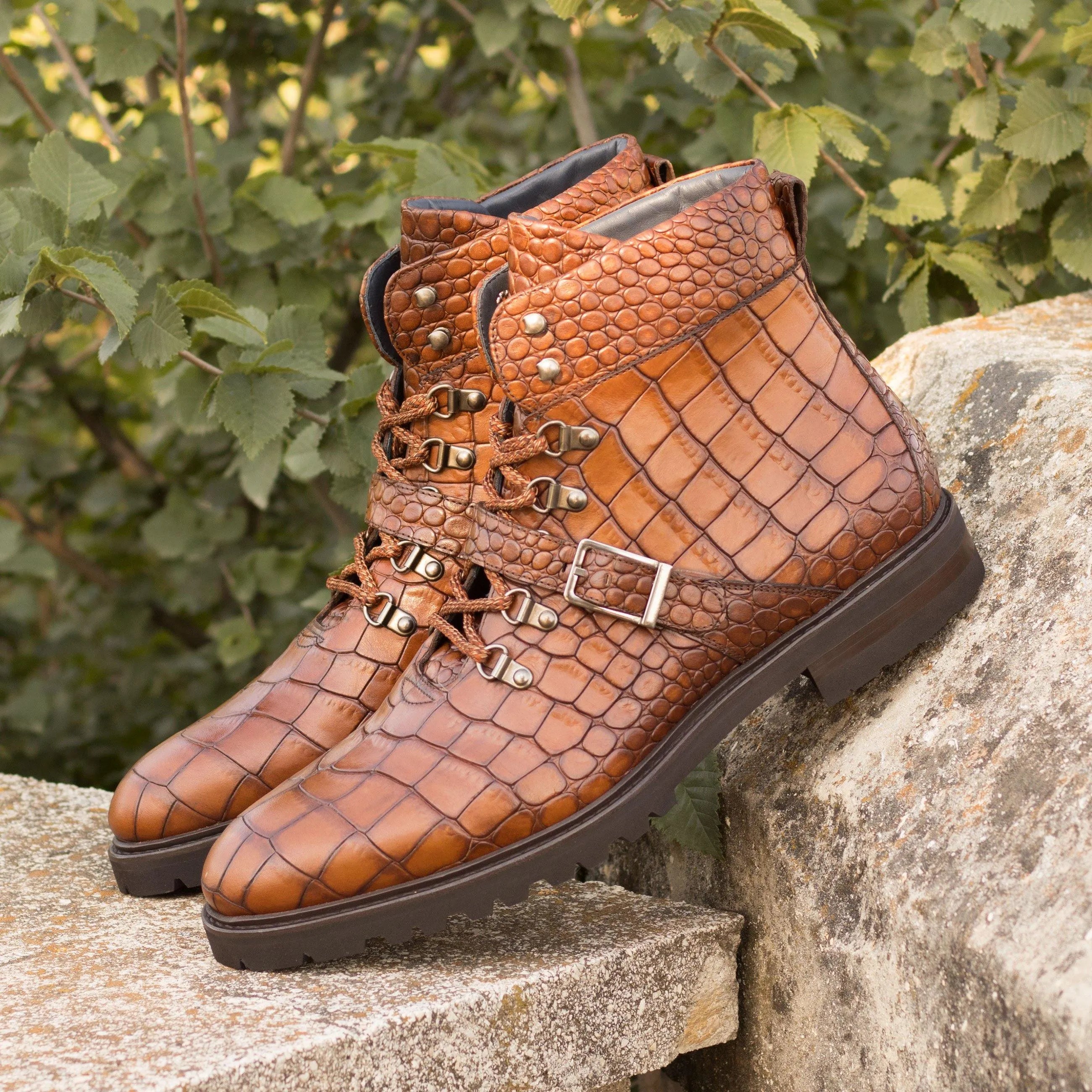 Leland hiking boots in brown crocodile-patterned leather